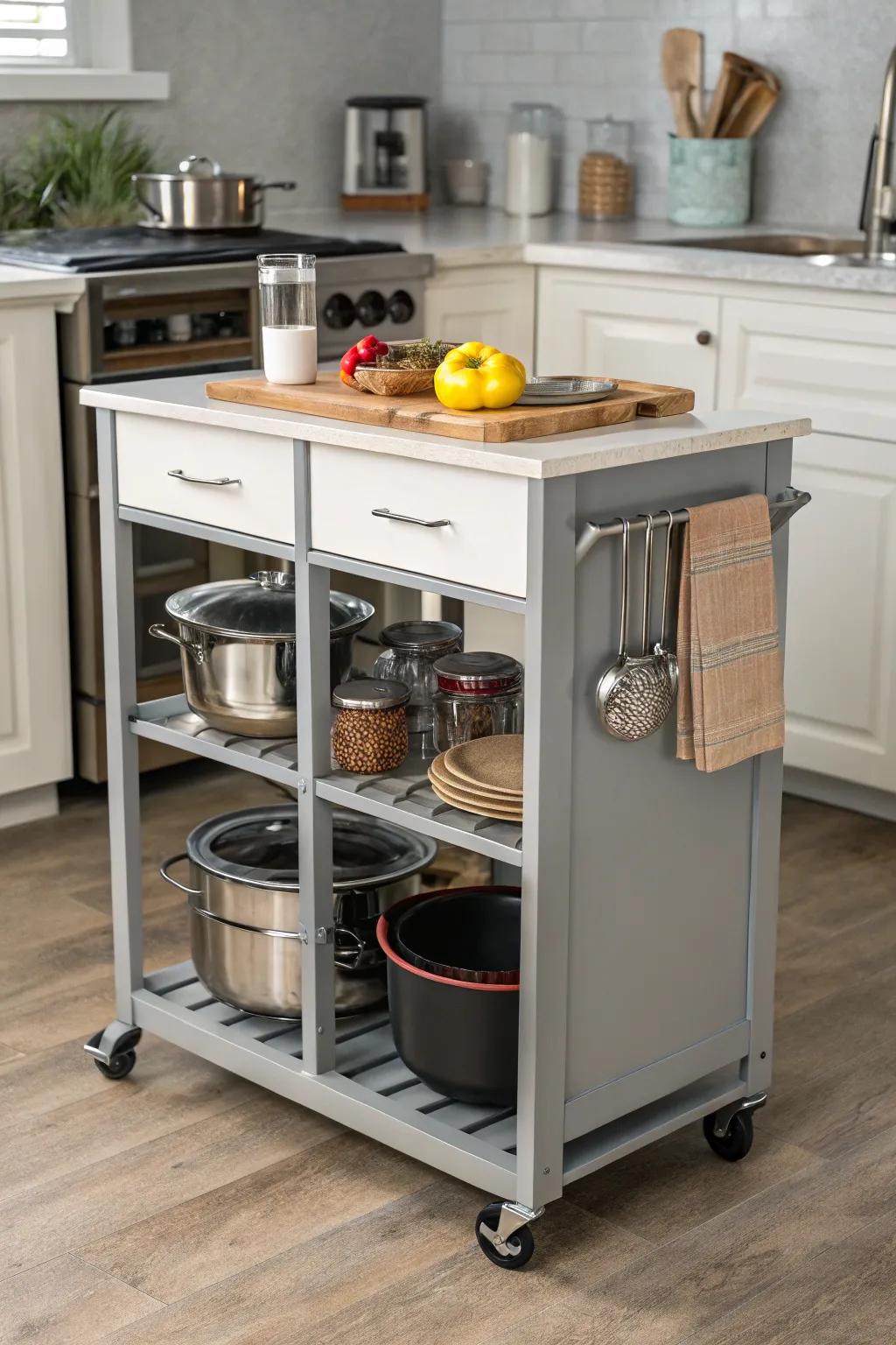A versatile rolling cart that adds kitchen functionality.