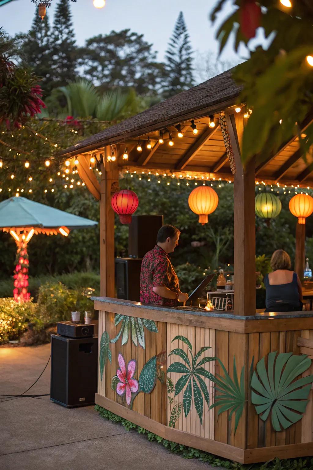 Island music completes the tiki bar atmosphere.