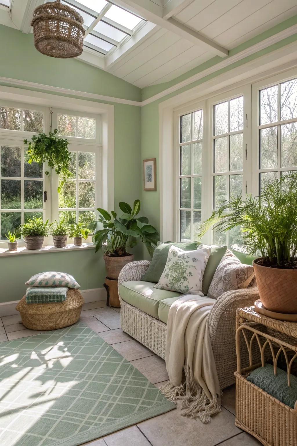 Sage green walls bringing a subtle and calming presence to the sunroom.