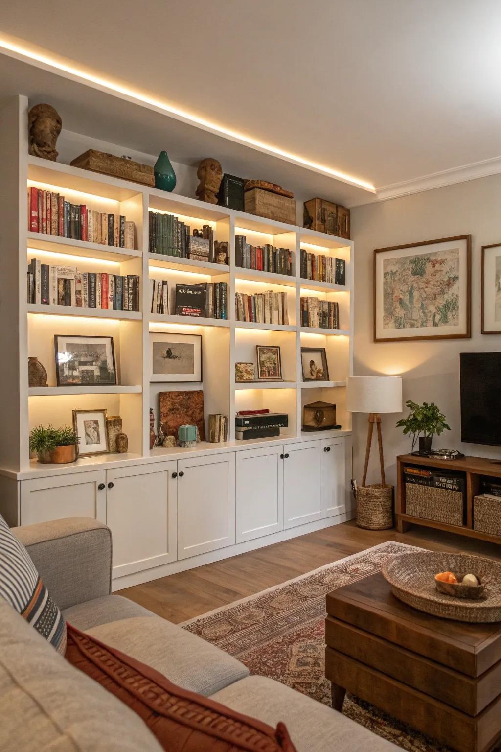 Open shelves showcasing curated collections.