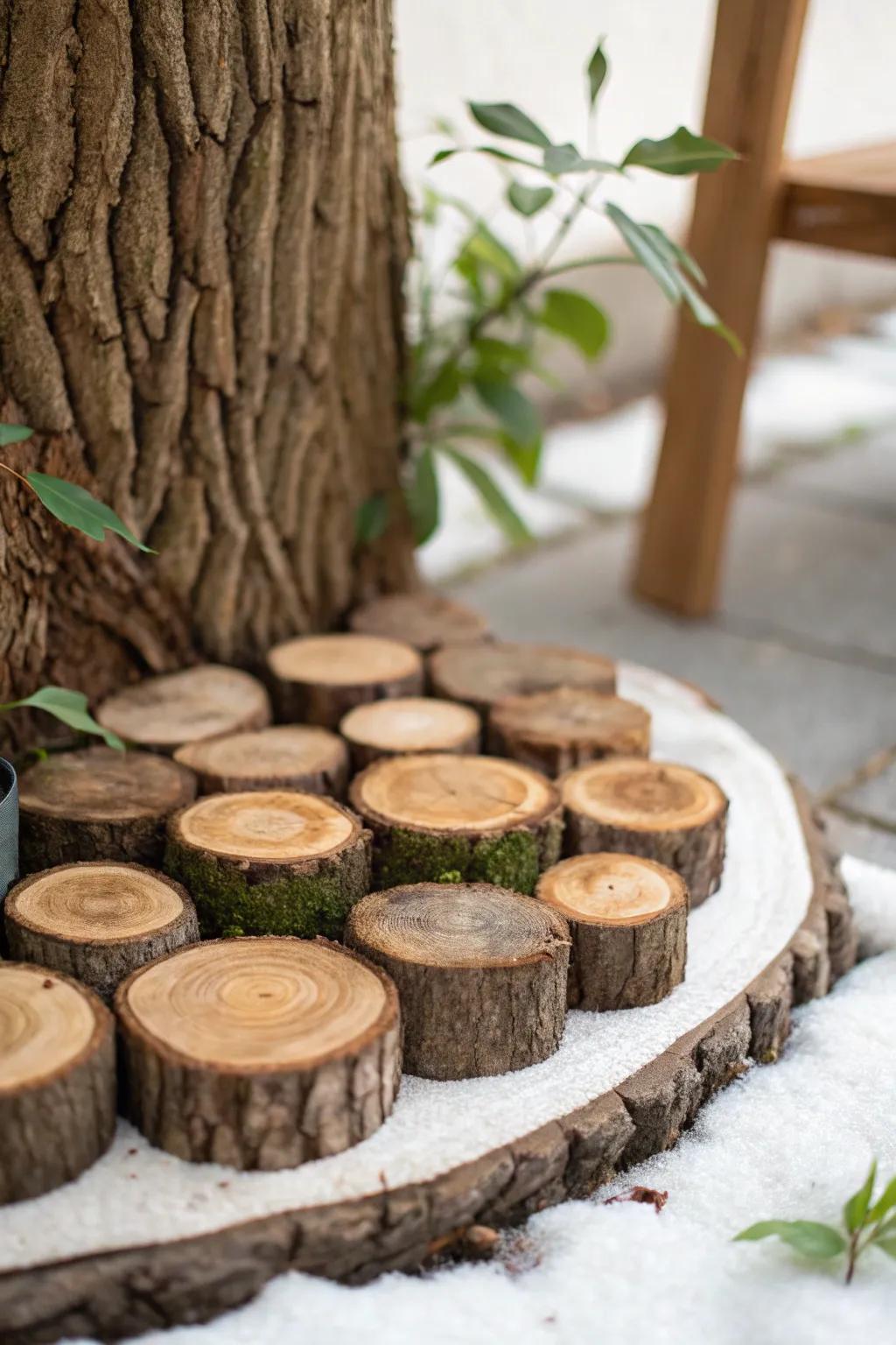 Embrace rustic elegance with natural wood log edging—perfect for a touch of woodland charm.