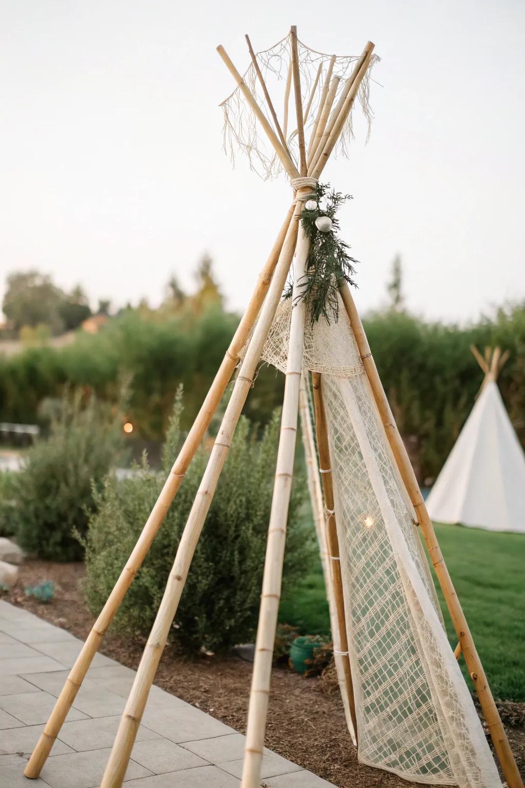 Embrace rustic elegance with a bamboo teepee trellis—where simplicity meets natural beauty.