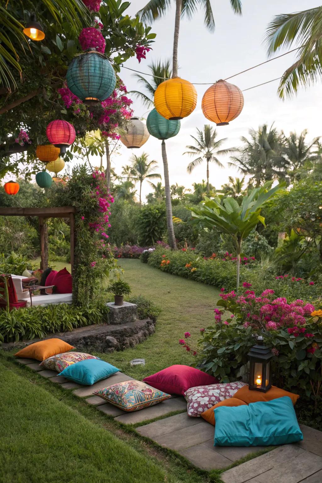Vibrant touches enhancing the exuberance of the tropical garden.