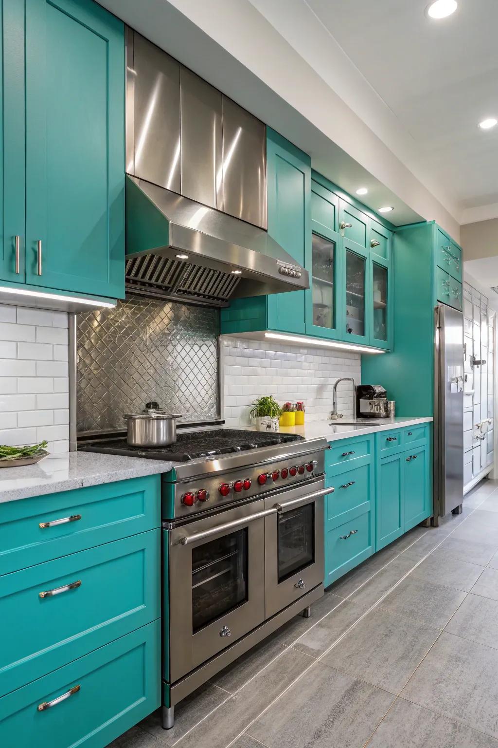 Industrial parts merging with turquoise cabinetry for a contemporary appearance.