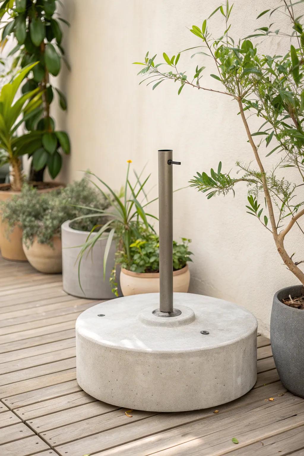 Craft your own elegance with a DIY concrete umbrella base—where durability meets minimalist beauty.