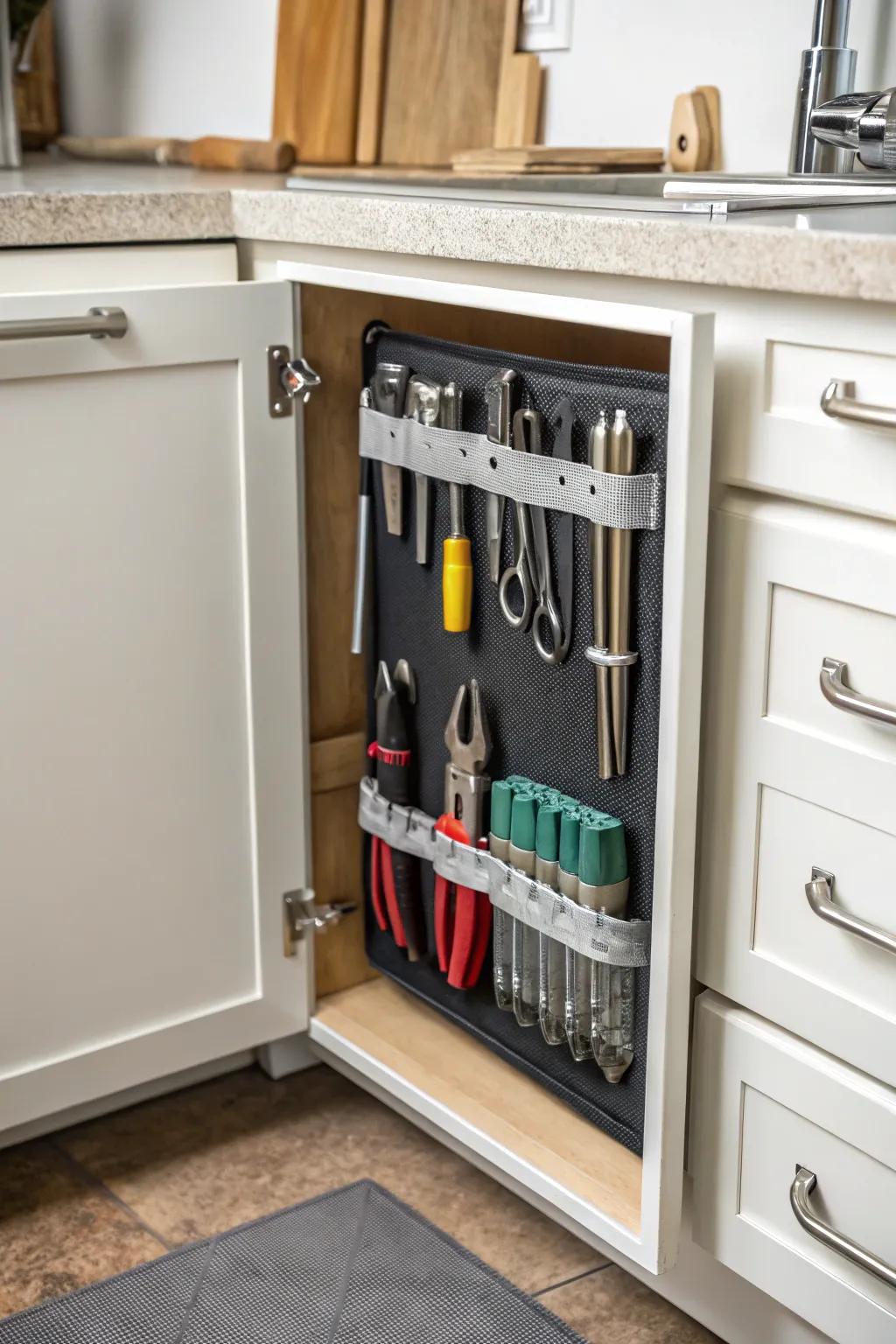 Magnetic strips keep metal tools organized and accessible.