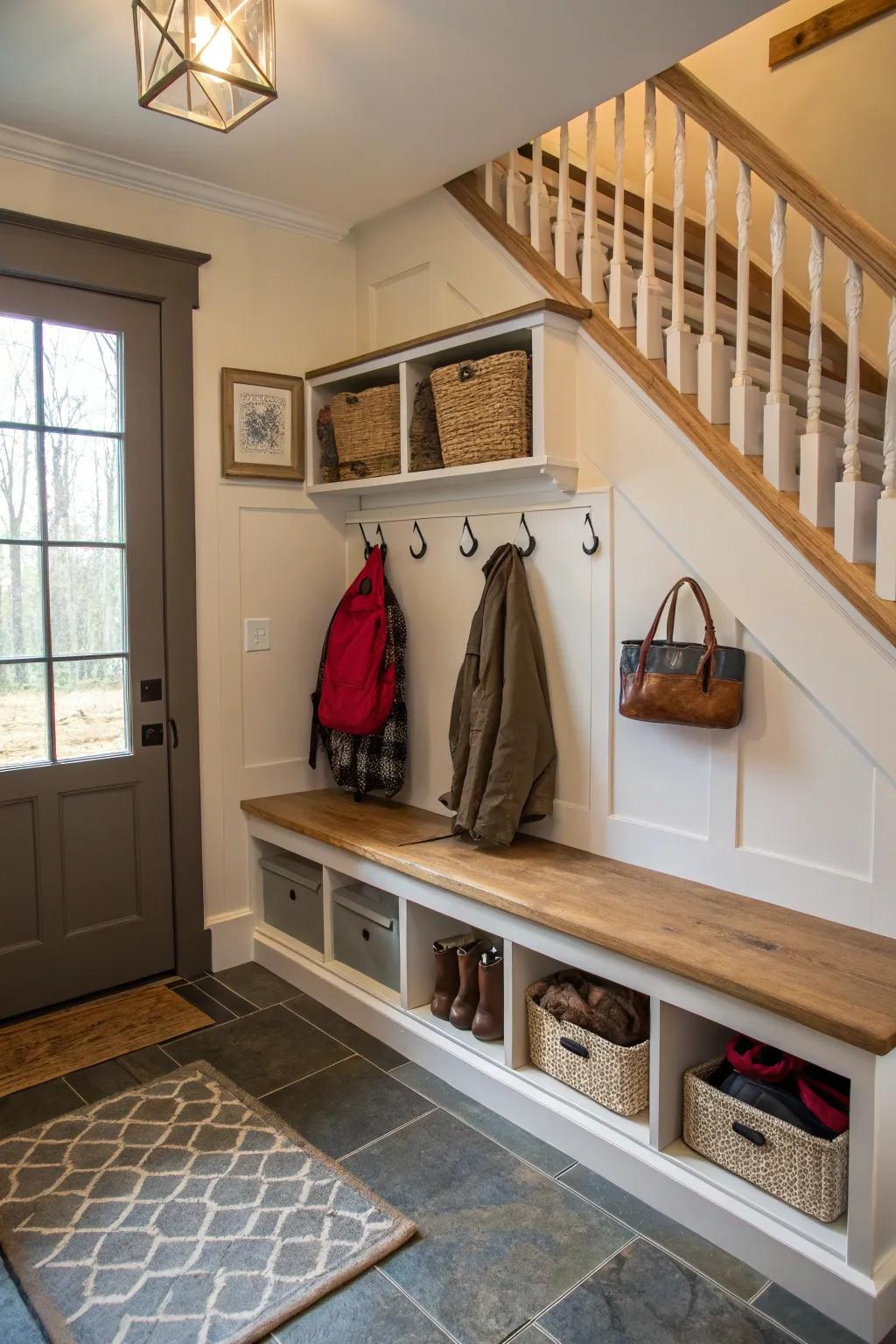 A practical mudroom efficiently using space under the stairs.