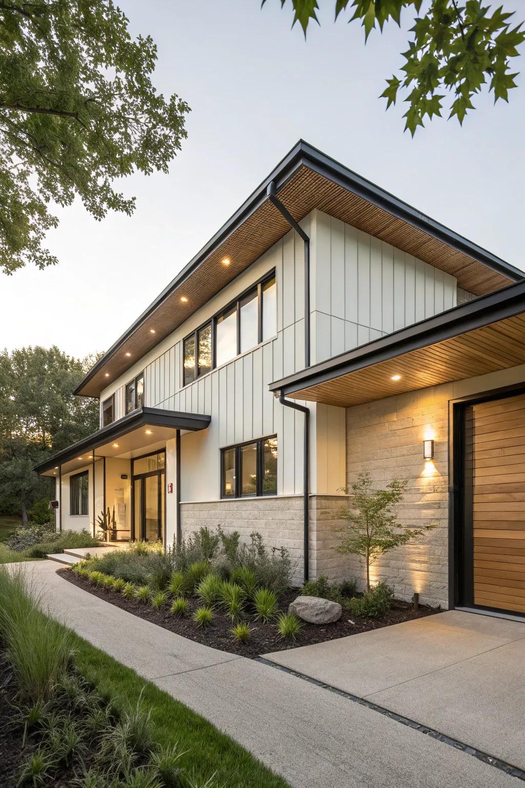 An elegant home with eco-friendly siding materials.