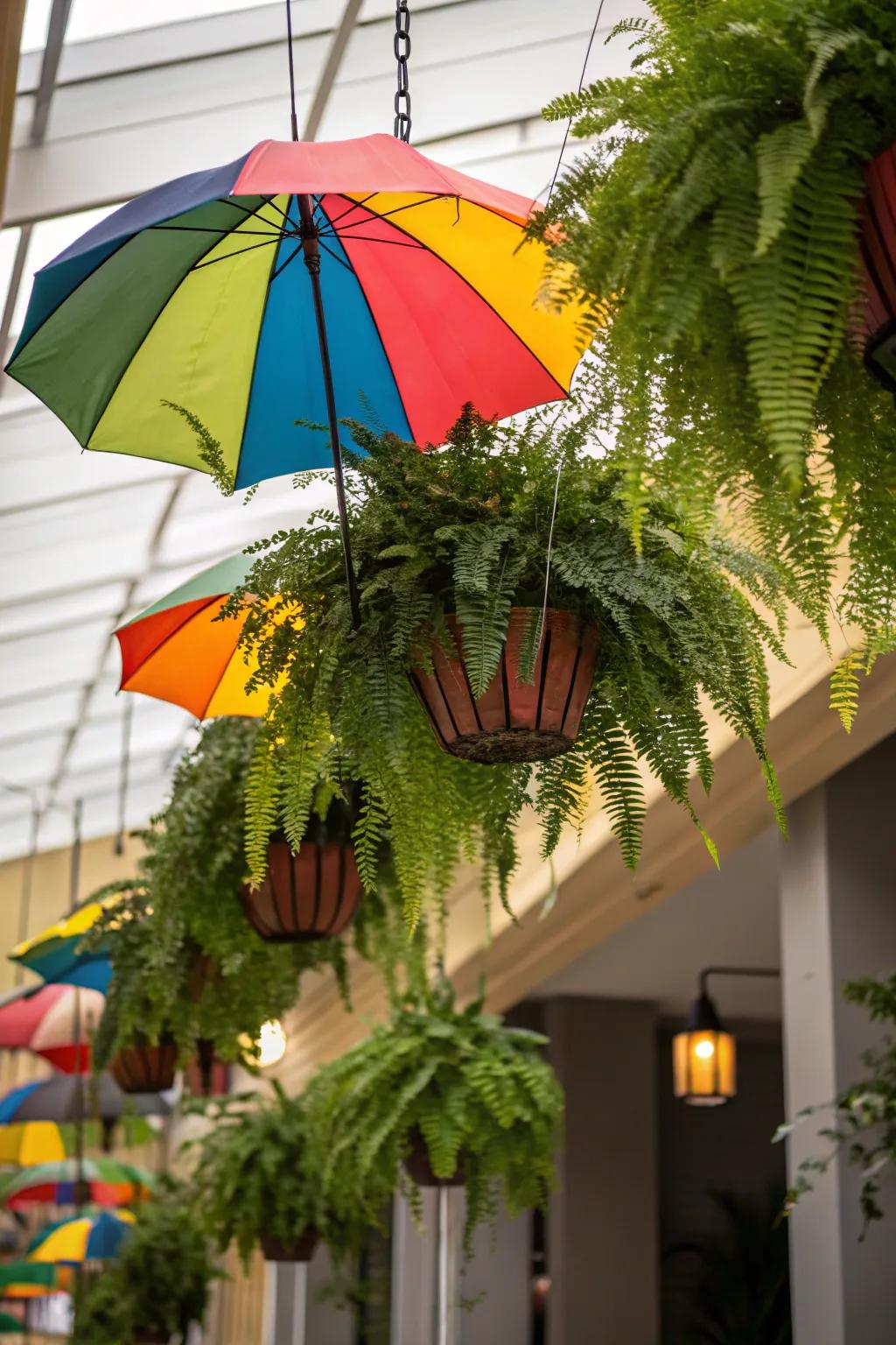 Umbrellas create unique and playful hanging displays.