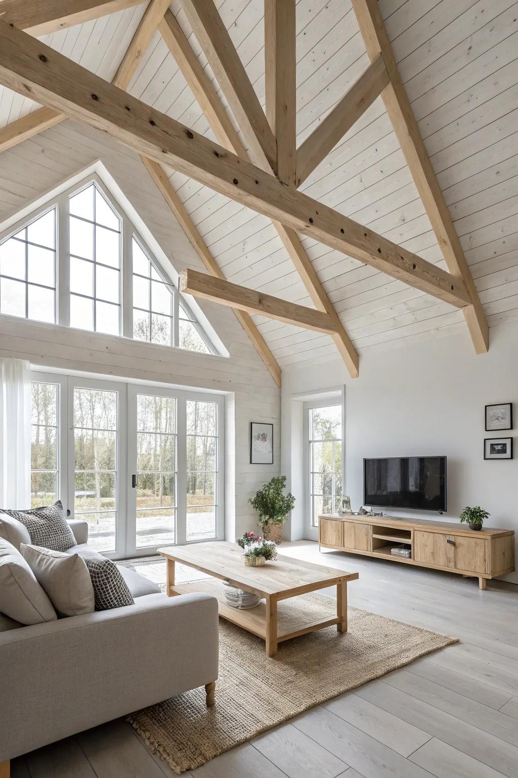 Scandinavian unclutteredness with pale wood beams on a vaulted ceiling.