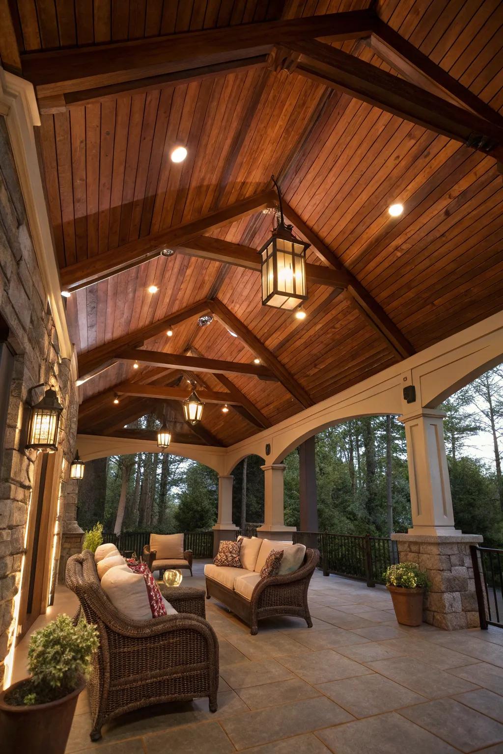 Enhance natural beauty with a stained wood ceiling.