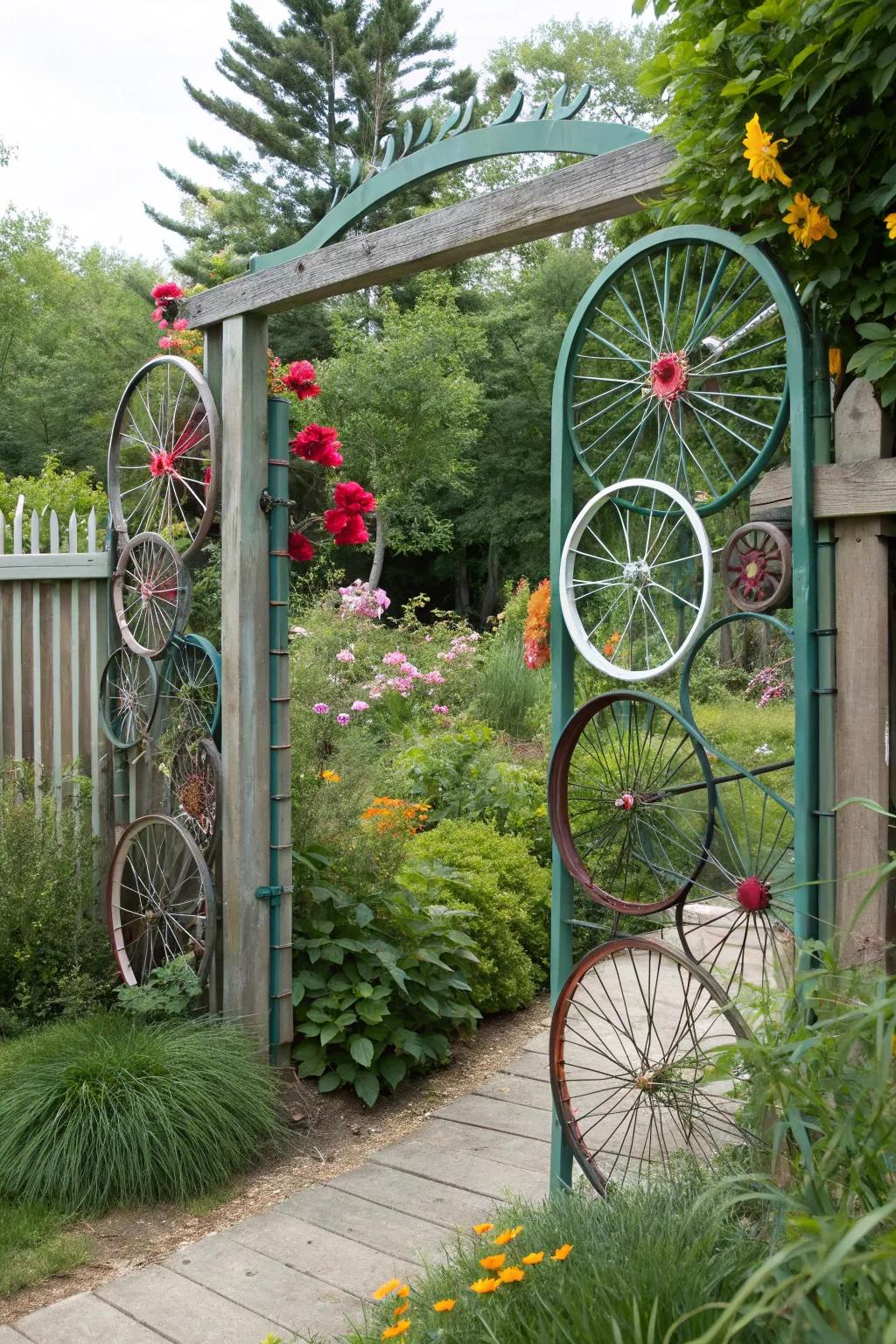 A creative gate featuring reborn bicycle wheels.