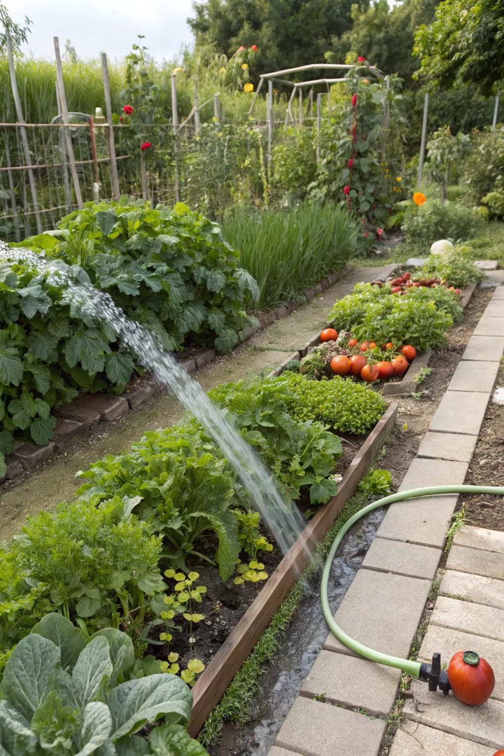 A garden's construction incorporates effortless water sources.