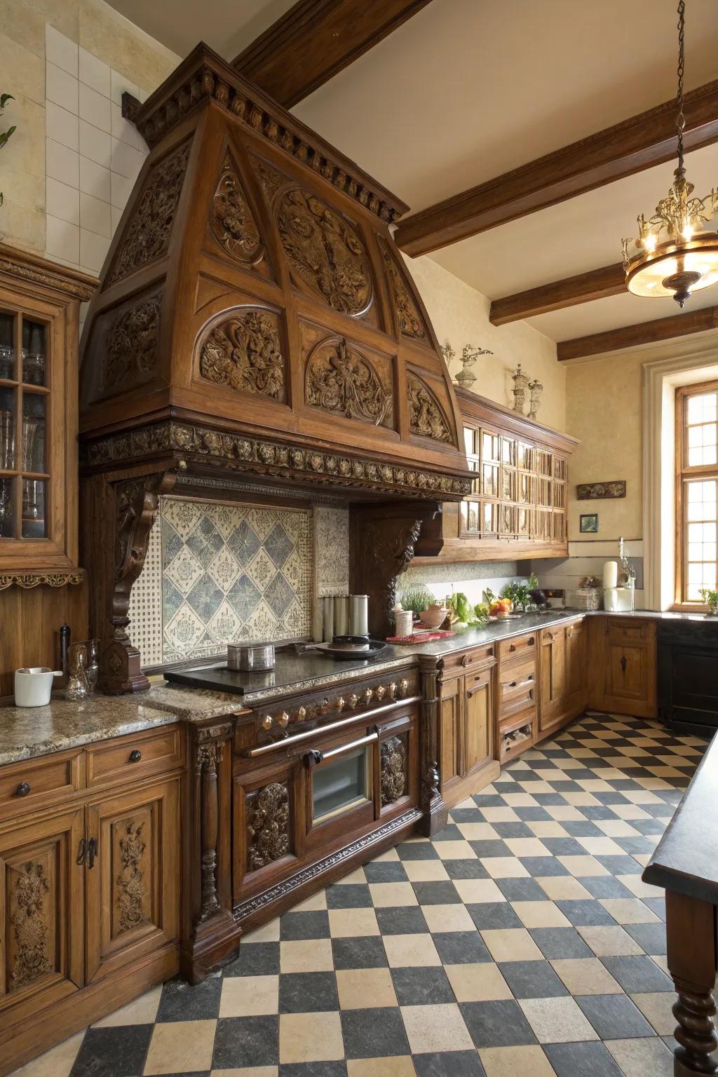 An ornate range hood is both functional and a visual anchor in a Victorian kitchen.
