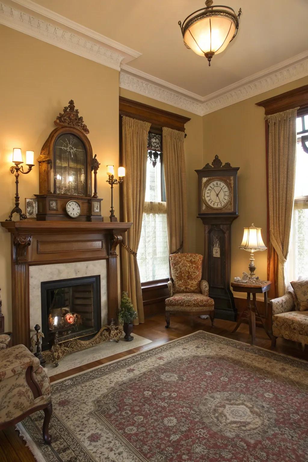 An antique clock adds timeless charm and functionality to the decor.