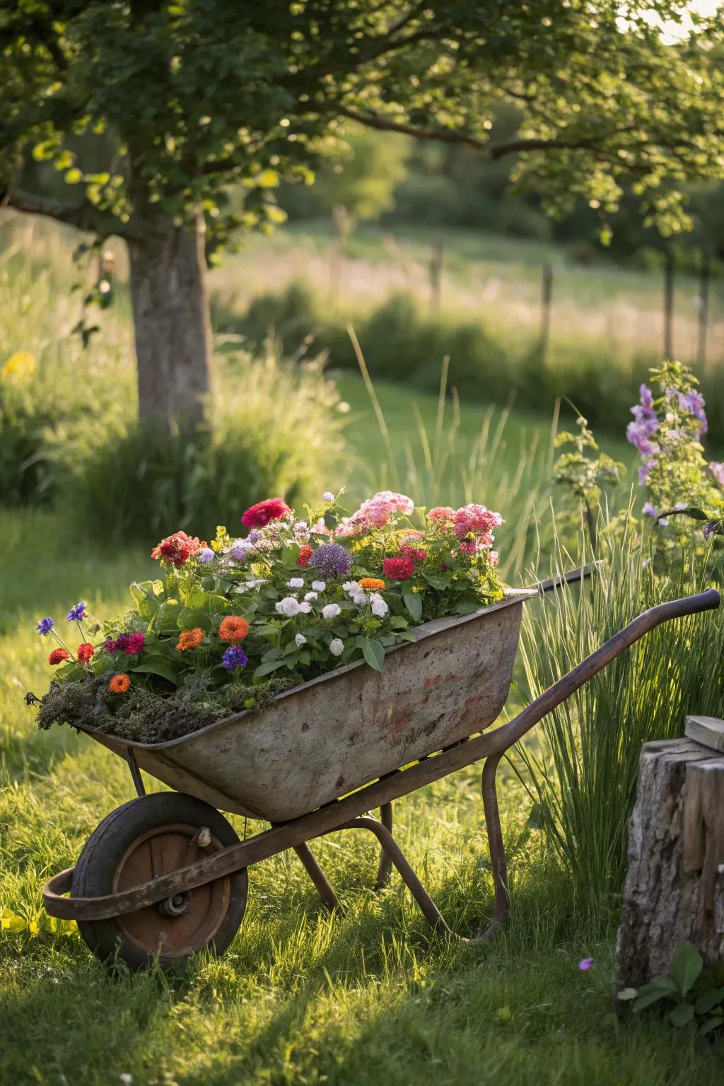 Wheelbarrows offer a rustic and movable garden feature.
