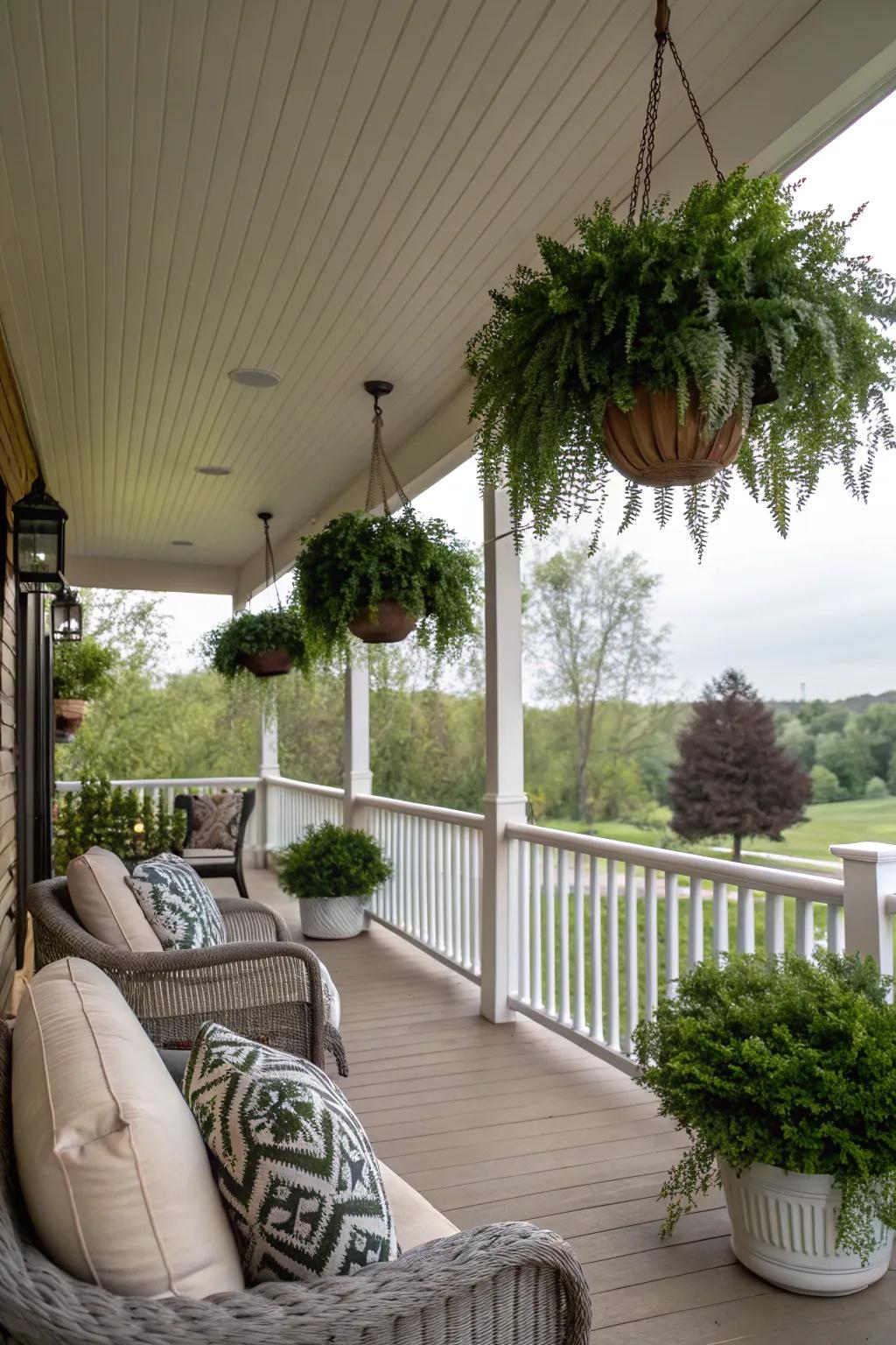 Plant hangers on vinyl ceilings establish a verdant, welcoming space.