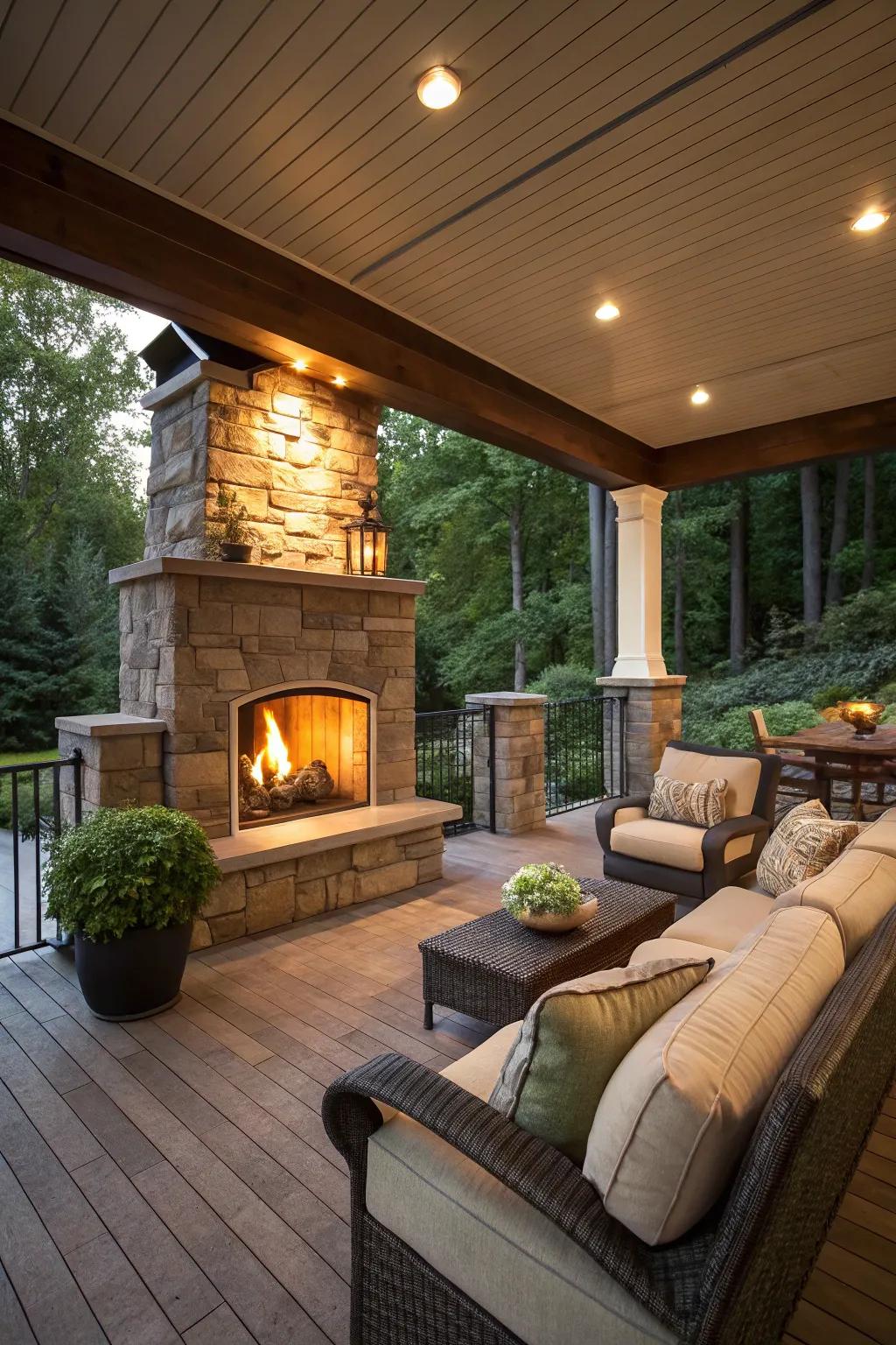 A walkout basement patio featuring a beautiful fireplace.