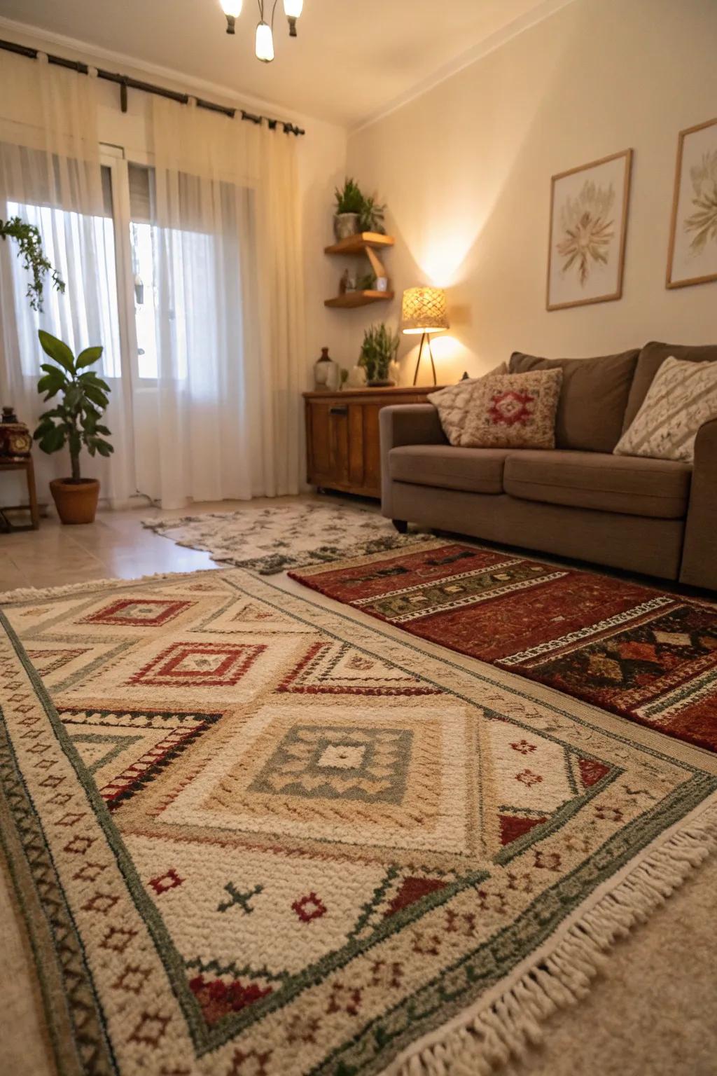 A neutral living room gains warmth and depth from layered rugs.