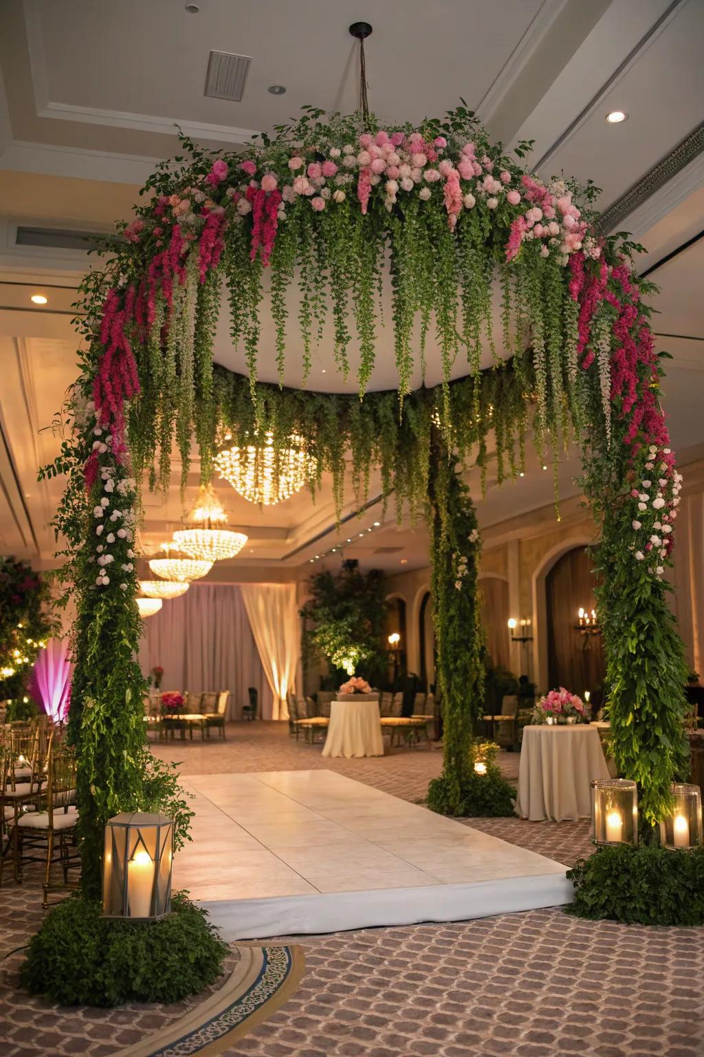 Hanging florals create a dramatic floating garden effect.