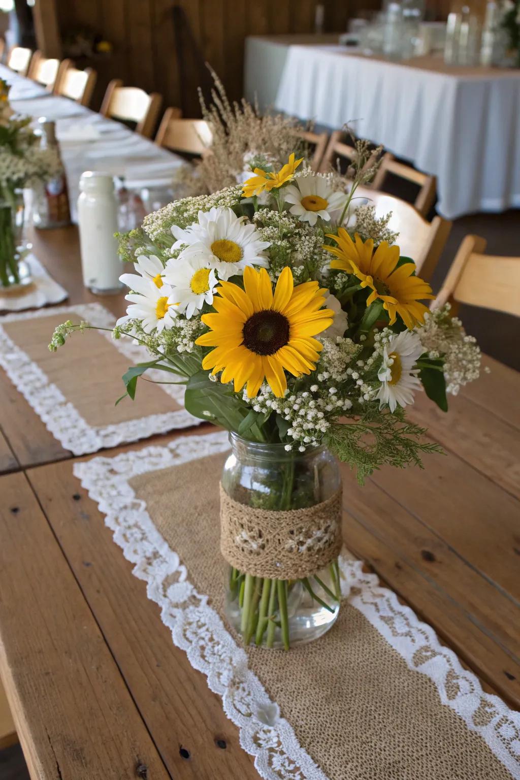 Countryside barn style showcasing daisies and sunflowers