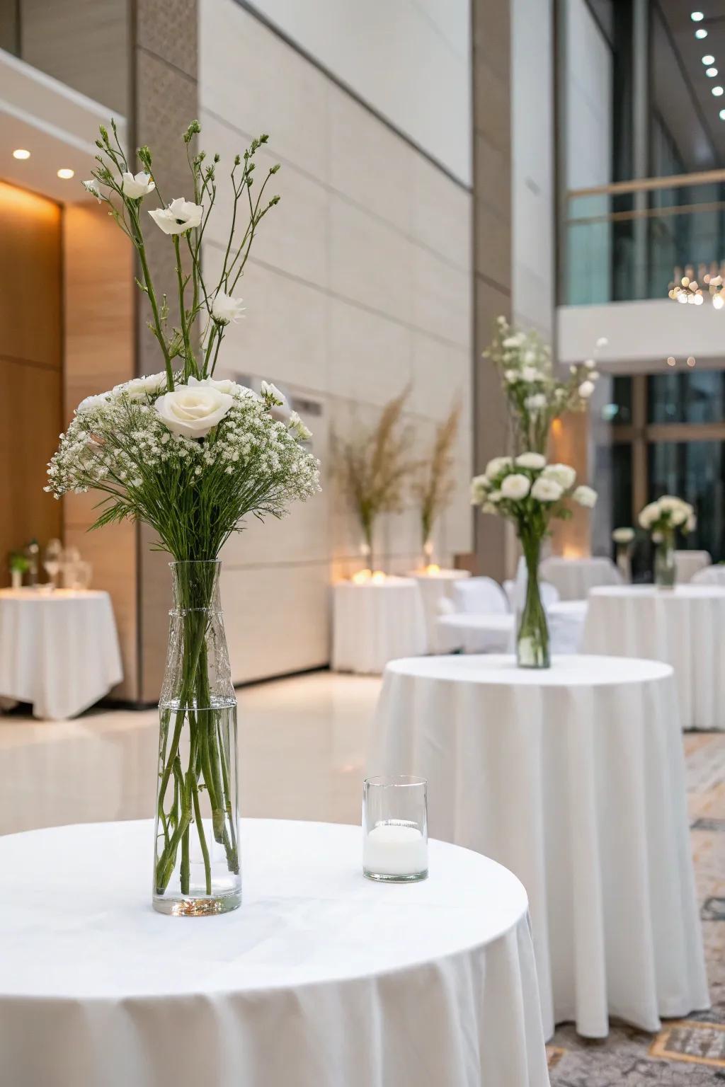 Simple solo-flower arrangements, providing a stylish, sophisticated vibe for a contemporary celebration.