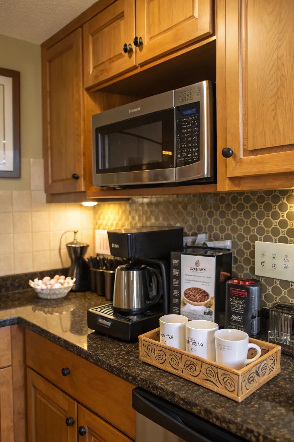 A speed oven above a coffee station simplifies your morning routine.