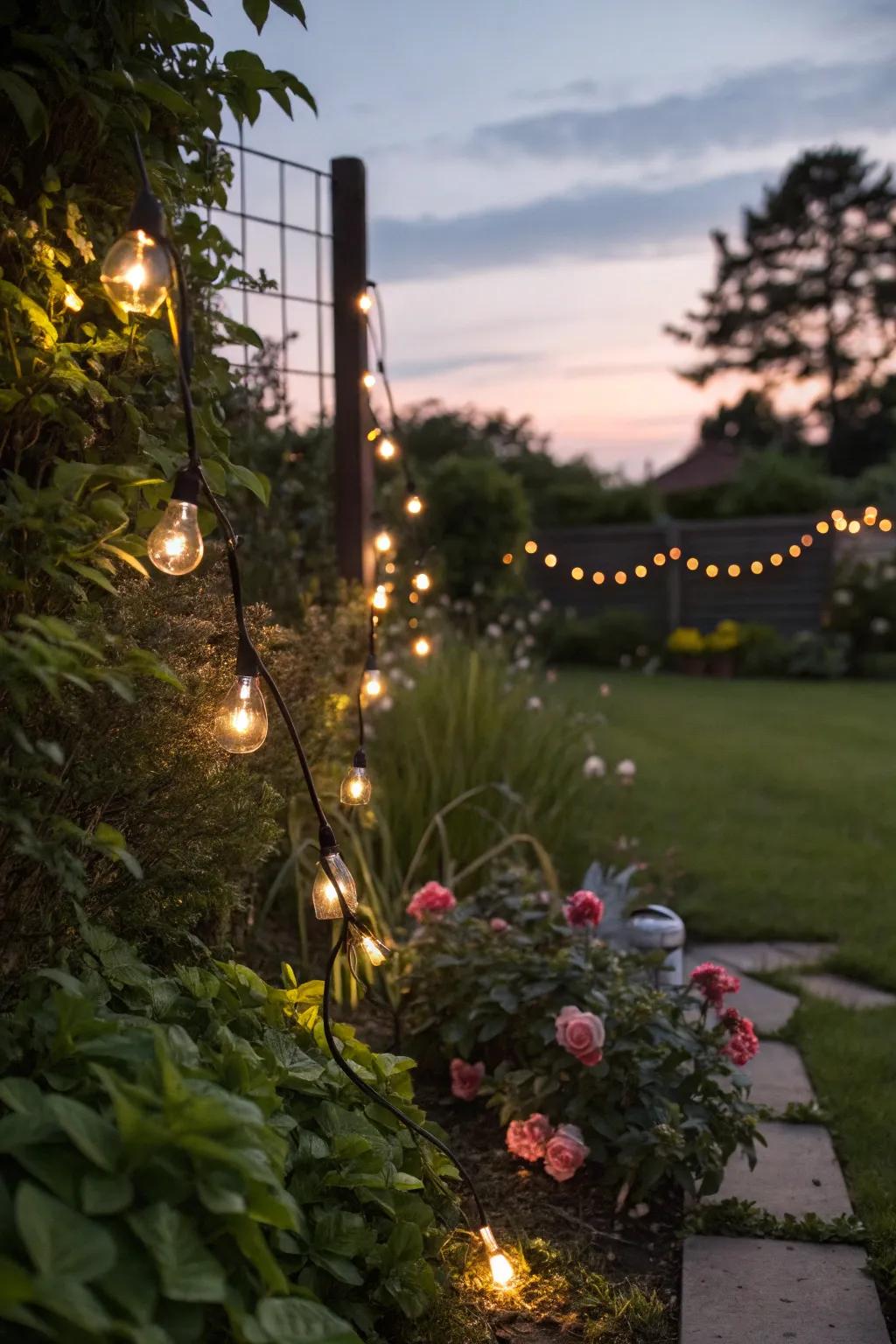 Pixie illuminations infuse an enchanted radiance into gardens nocturnally.