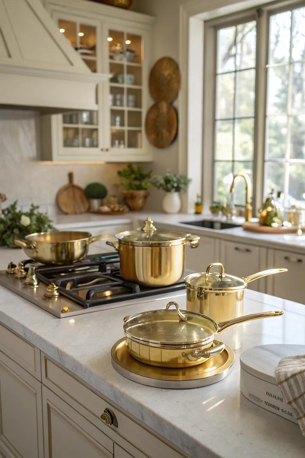 Gold edged cookware serves as both functional and decorative elements.