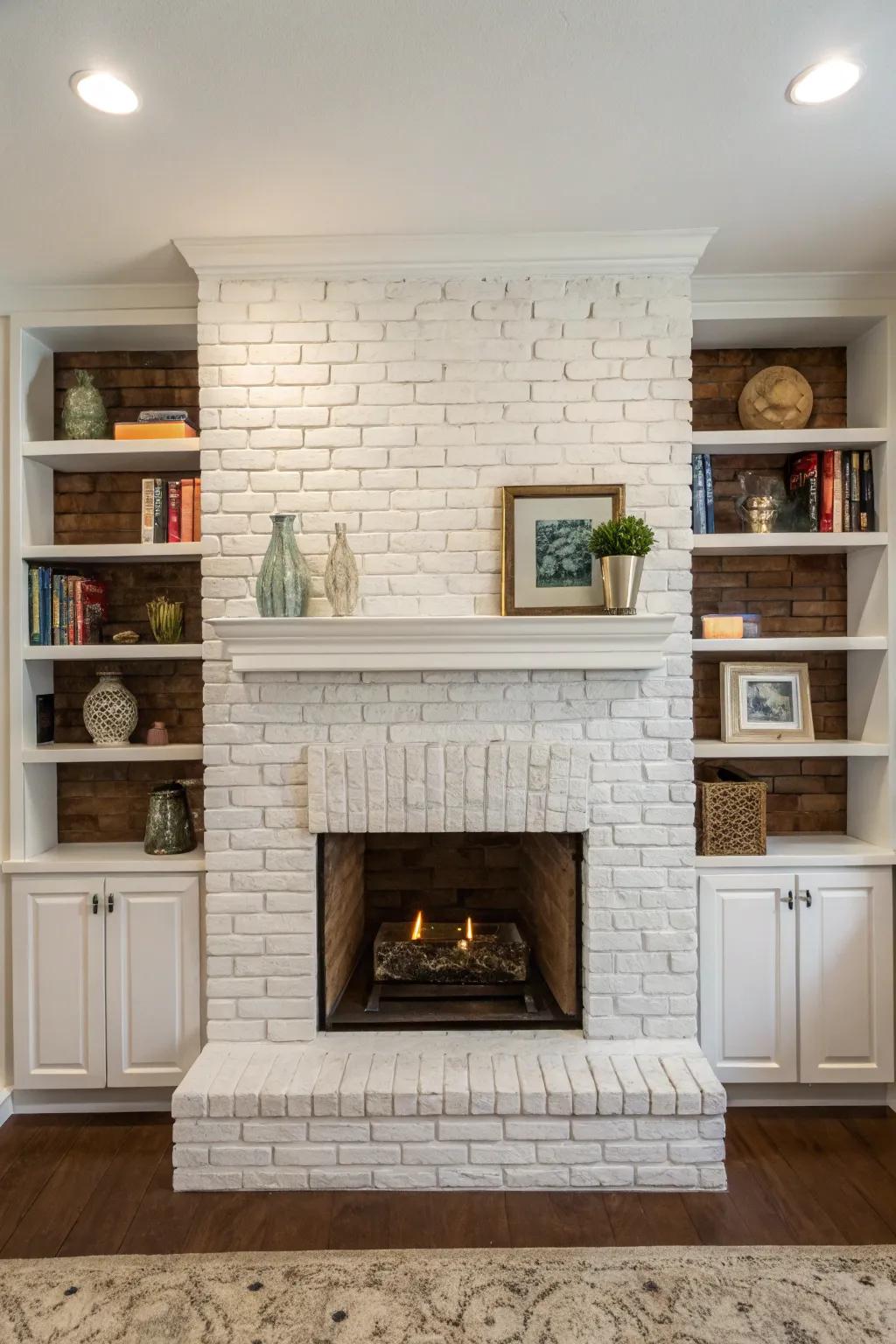 Built-in shelves offer storage and style around the fireplace.