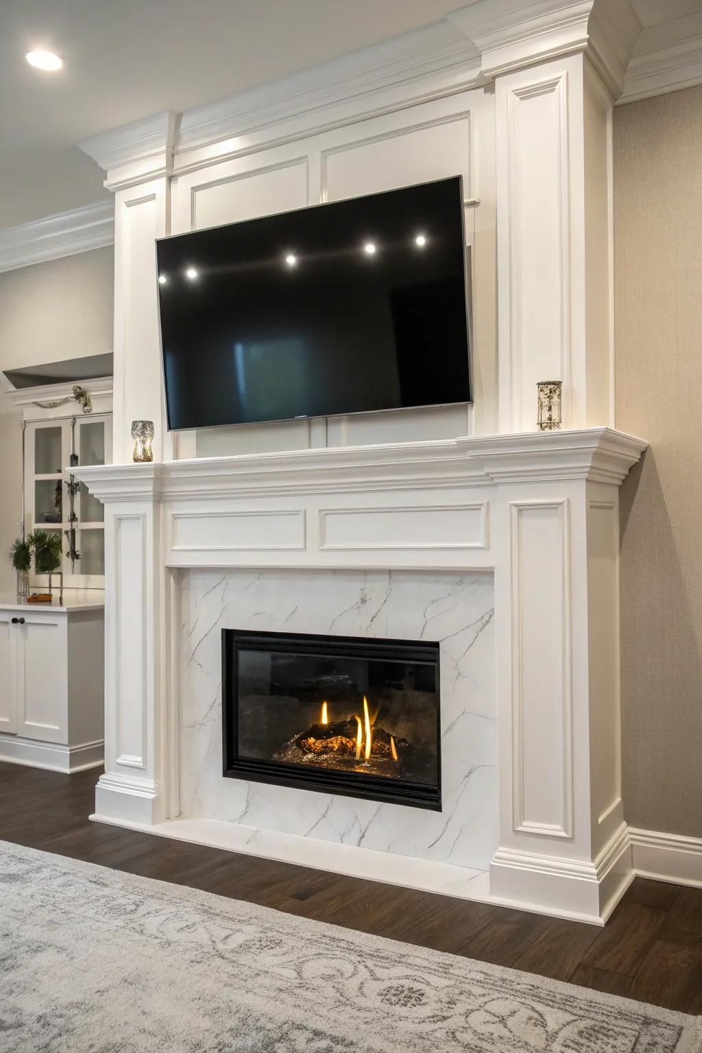 A modern incorporation of a TV above a white firebox offers smooth entertainment.