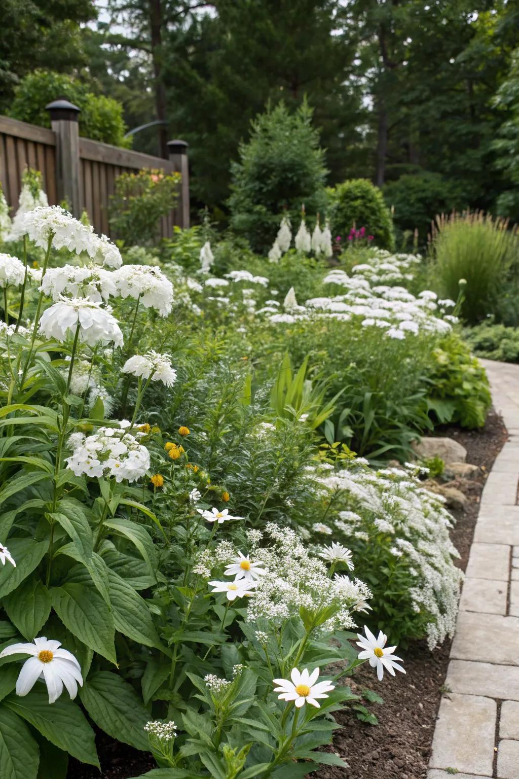 A blend of white perennials keeps the garden interesting all year.
