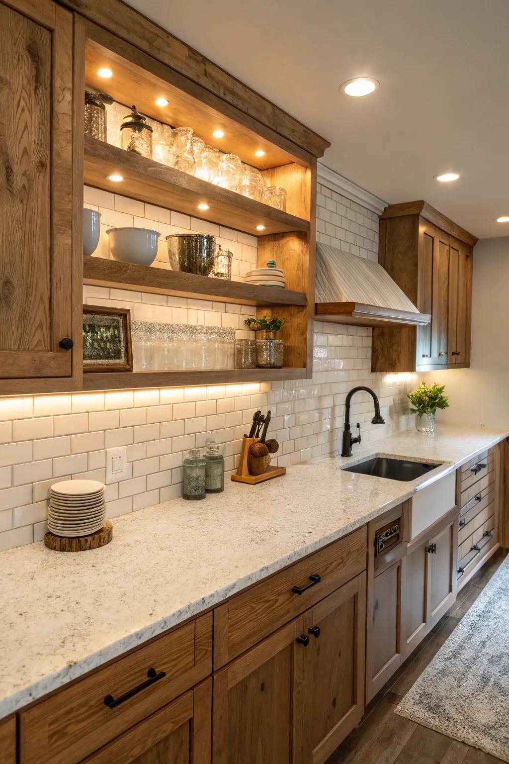 Timber elements add warmth to the smoothness of frosty quartz.