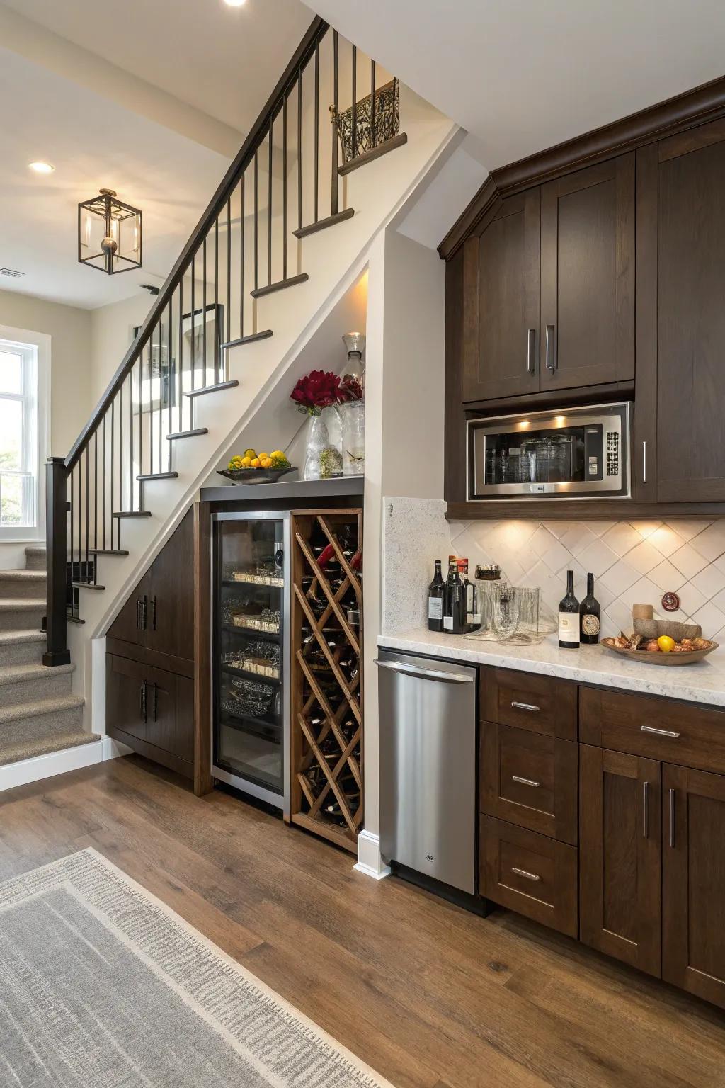 An under-stair wine alcove transforms unused space into a highlight.