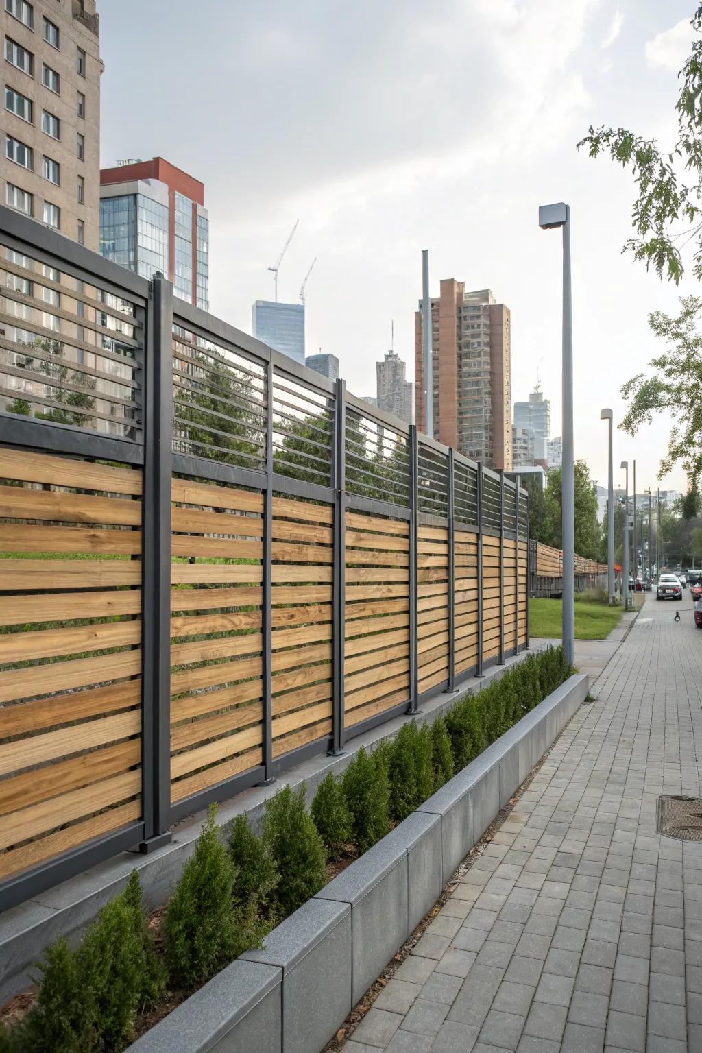 A streamlined fence presenting level timber slats and steel boundaries.