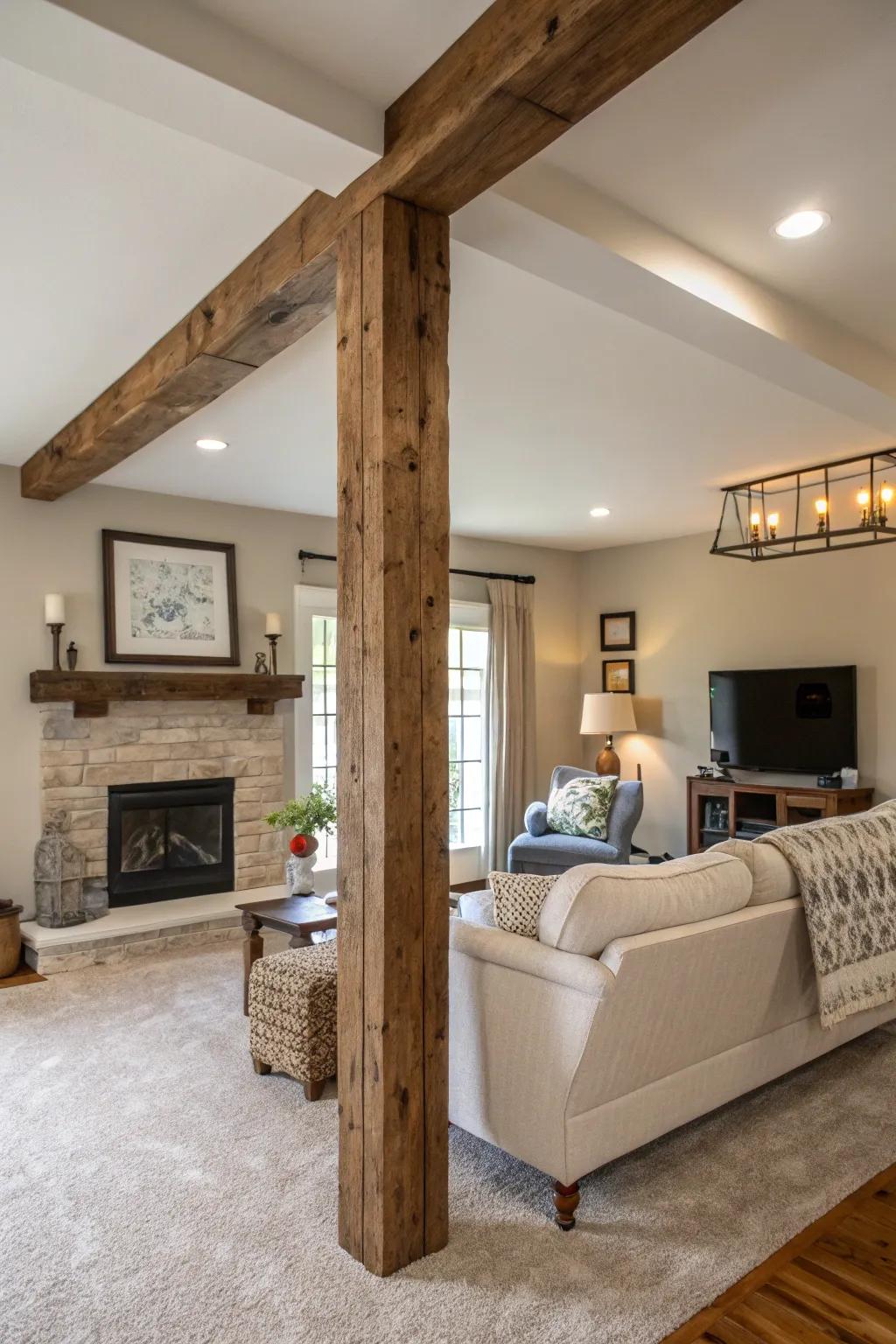 A subtle feature beam injecting intrigue into a cozy living area.