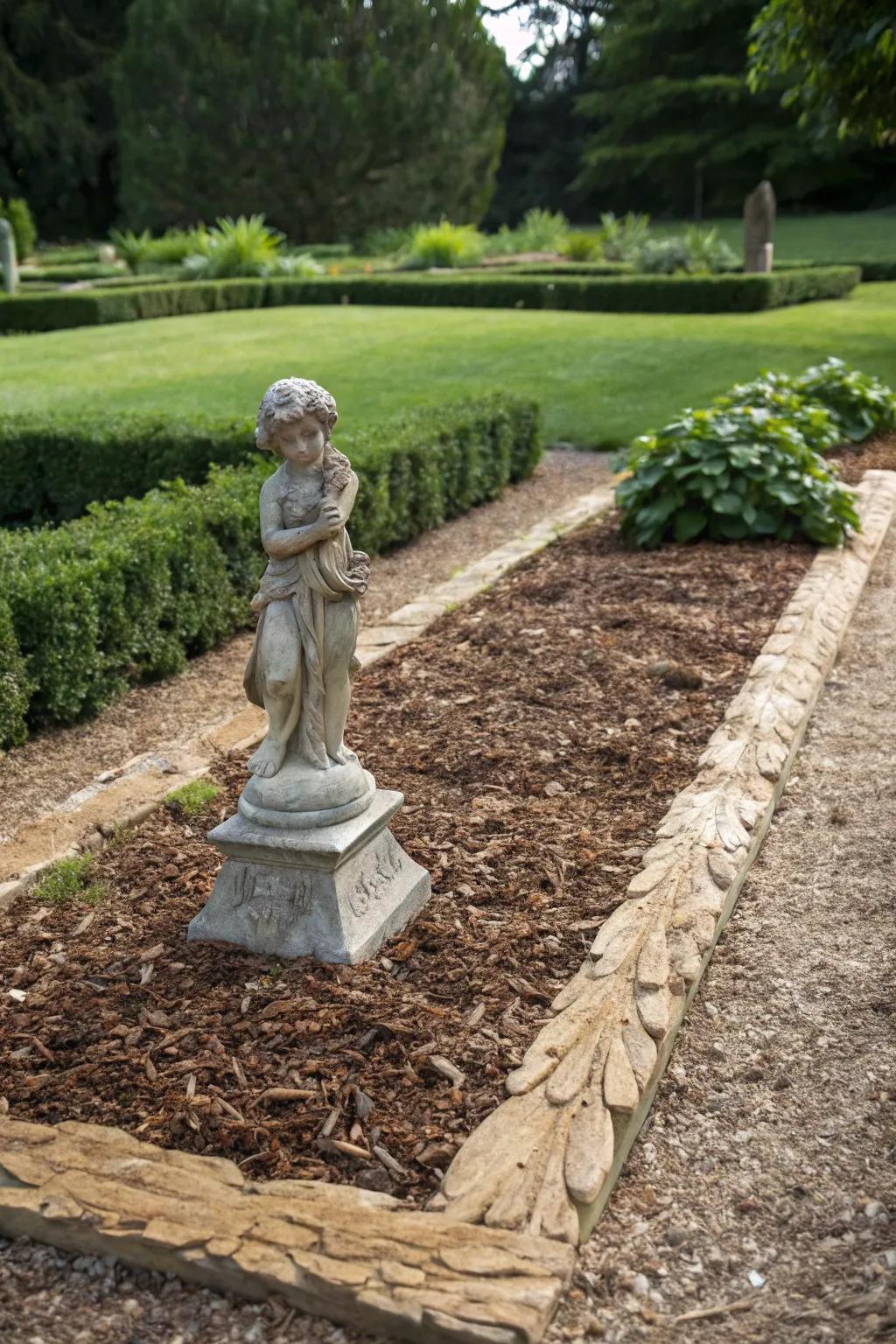 Wood chips serve as a beautiful base for highlighting garden features.