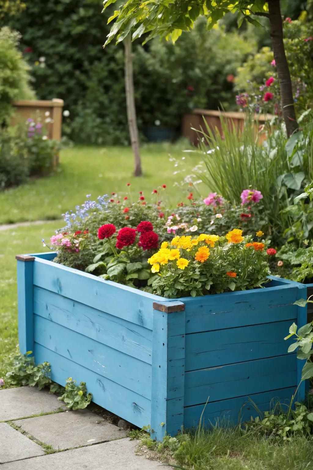 A vibrant painted wooden planter adds a pop of color.