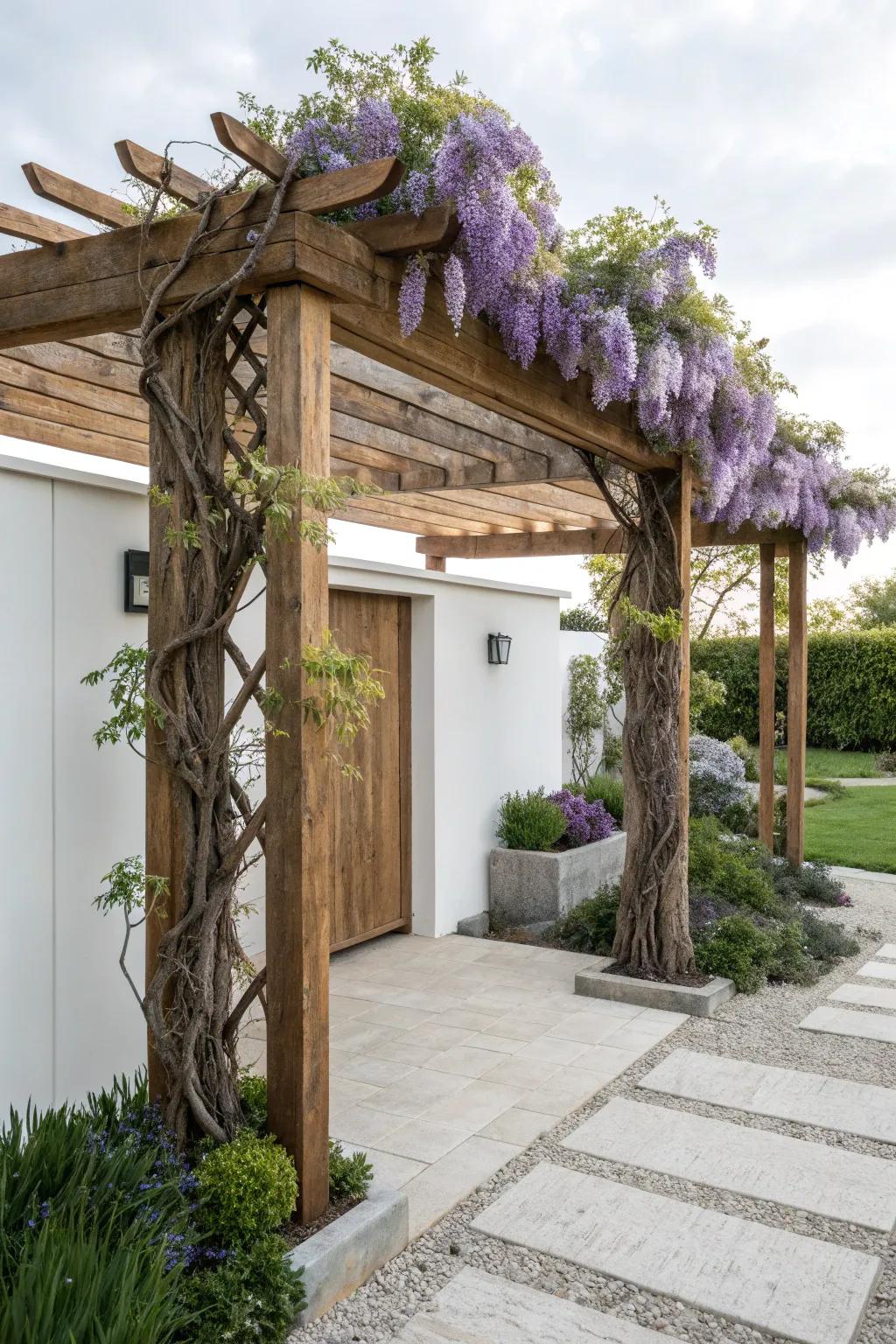 Step into serenity with this wisteria-clad wooden arbor, the perfect blend of minimalist beauty and boho charm.