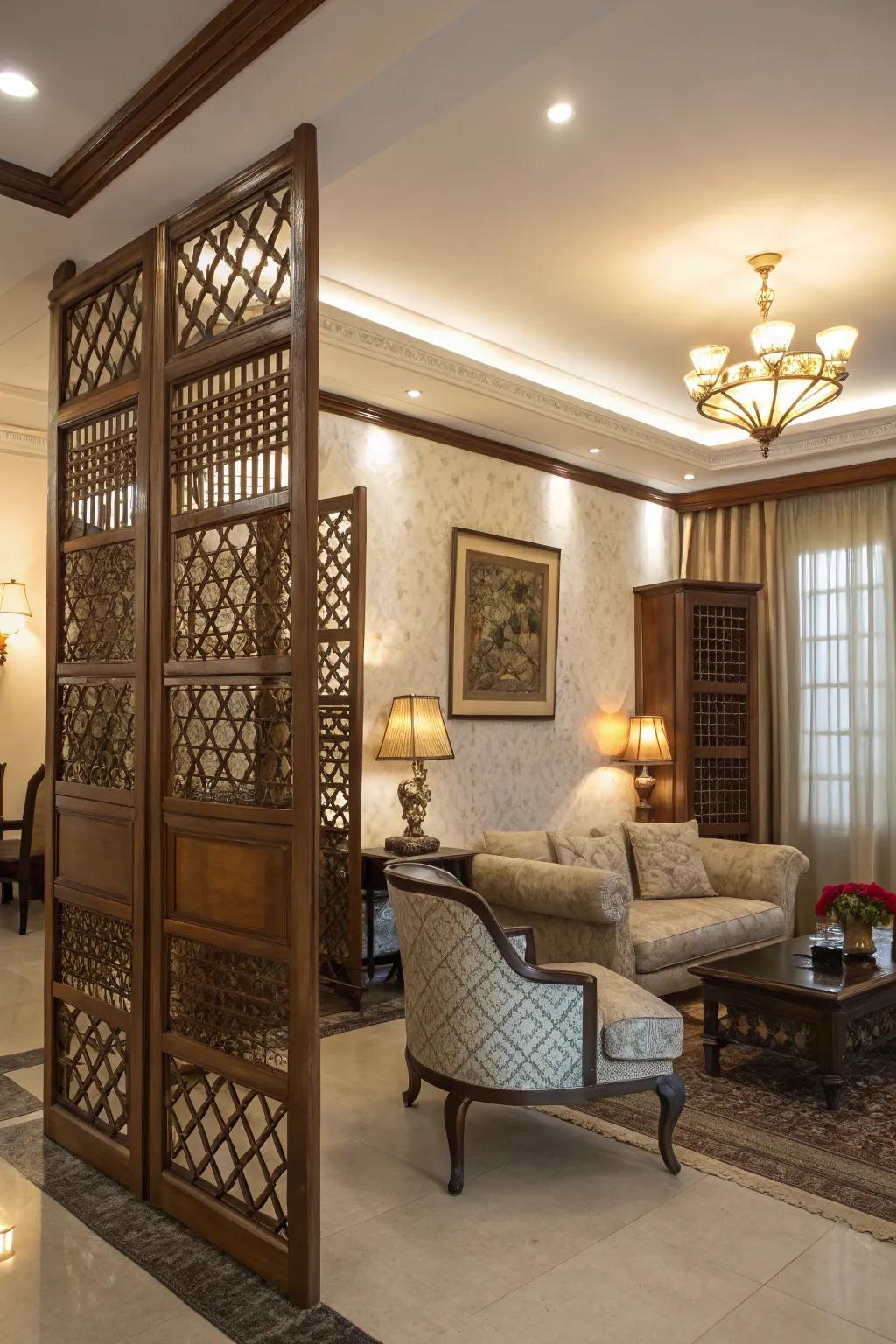 Lattice work on wooden partitions adds sophisticated charm to this living room.