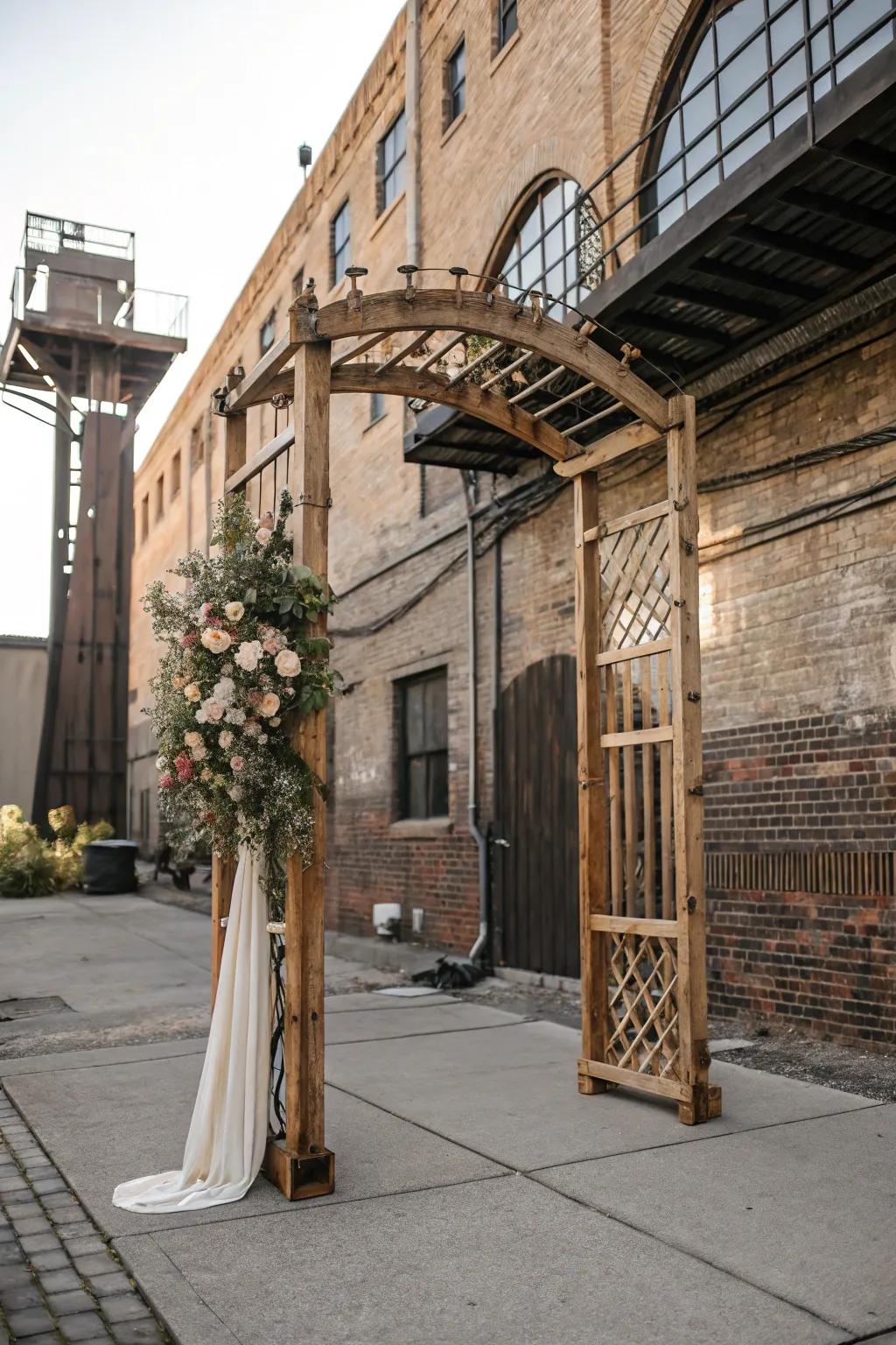 Marrying wood and metal crafts a sophisticated industrial-chic arch.
