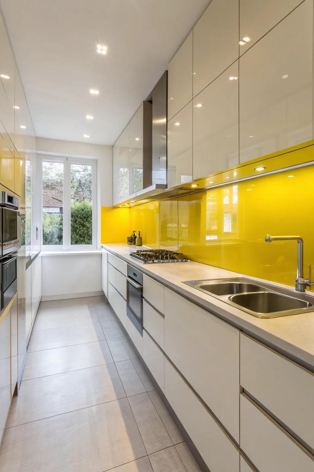 A yellow glass sheet backsplash adds elegance and light to this modern kitchen.
