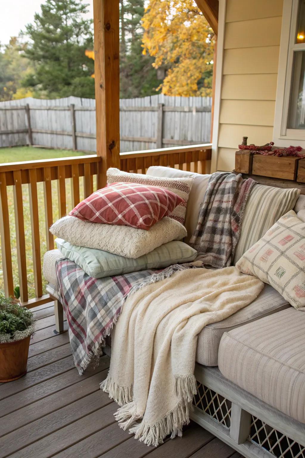Soft furnishings imparting warmth and texture to the porch seating.