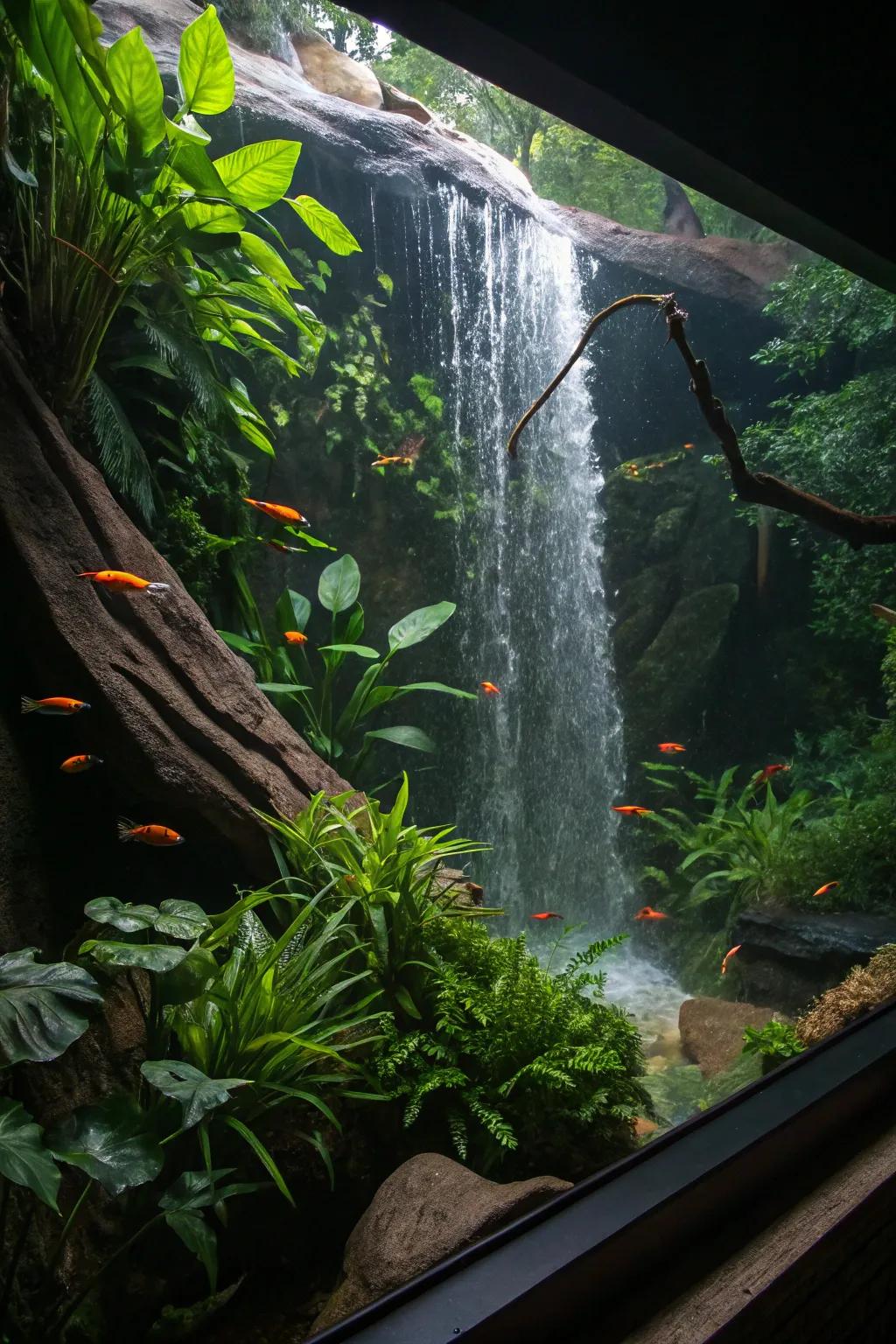 A rainforest waterfall aquarium that enchants with its dynamic and lush design.