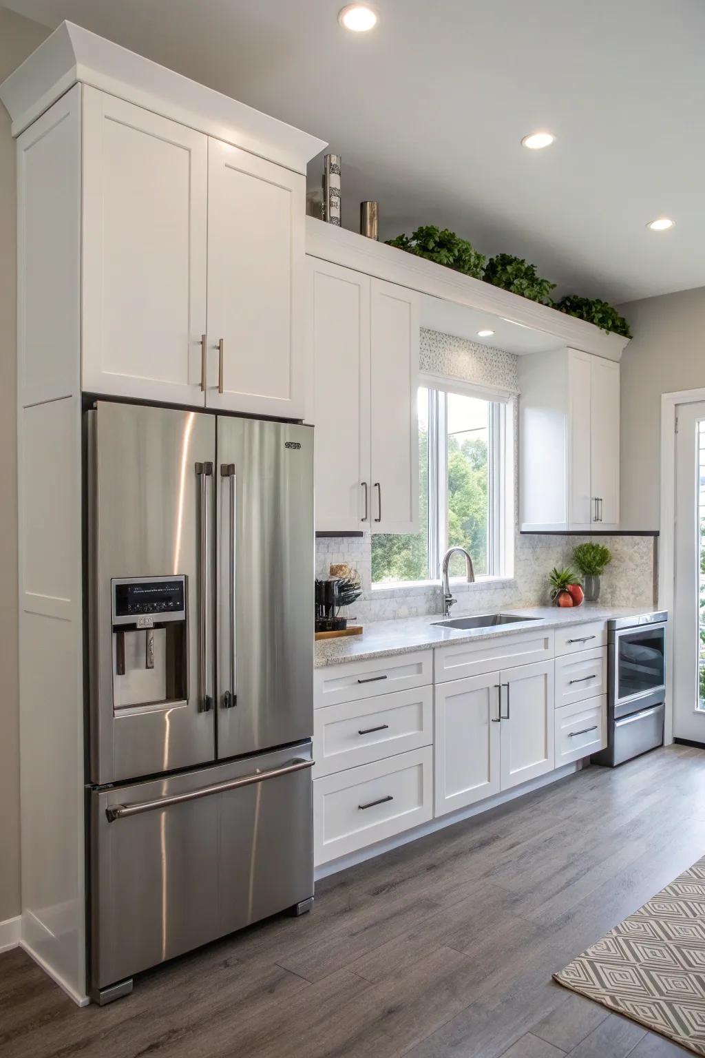 Hanging cabinets add a modern and open feel to the kitchen.