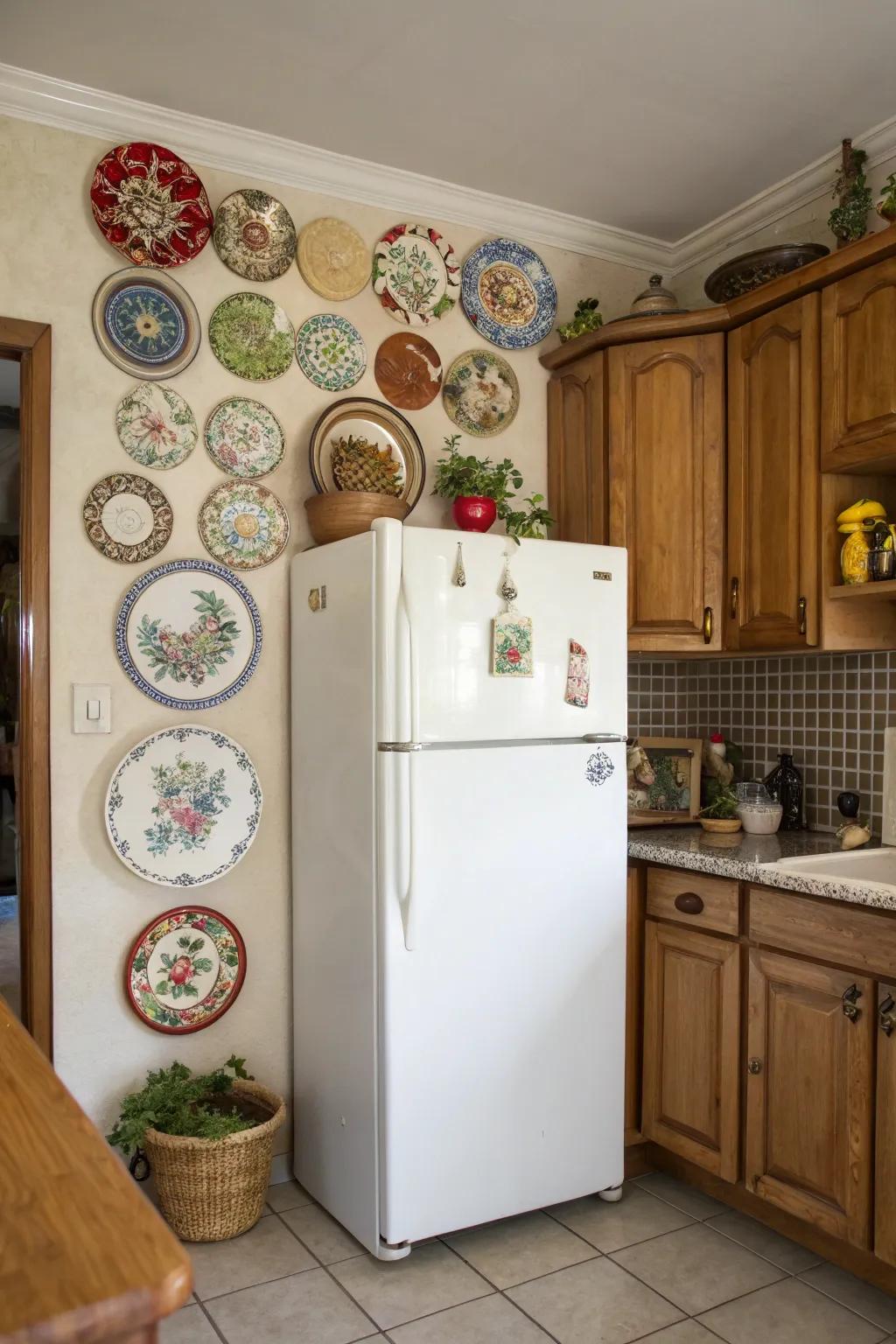 Eclectic dishes add color and artistry to your fridge top.