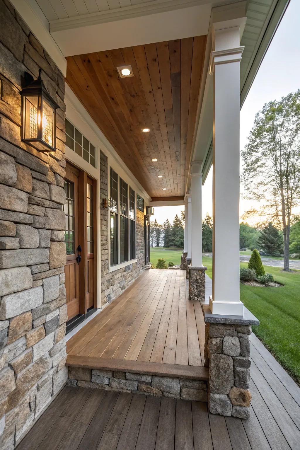 A porch with a visually appealing mix of materials.