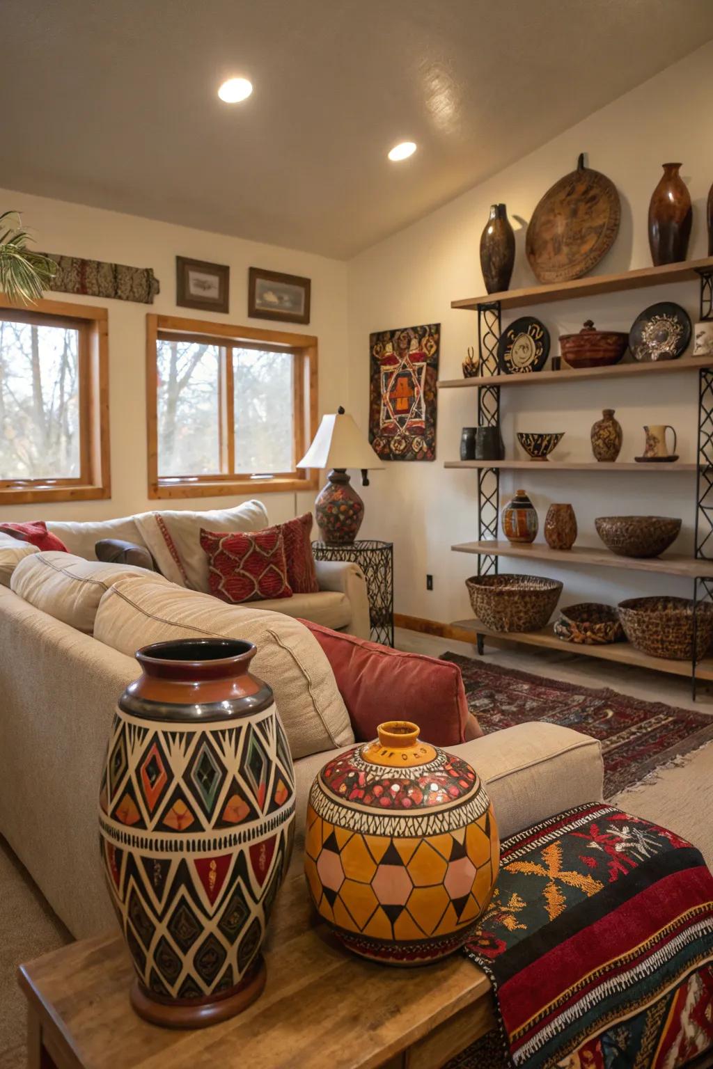 African pottery adds artisanal flair and authenticity to the decor.
