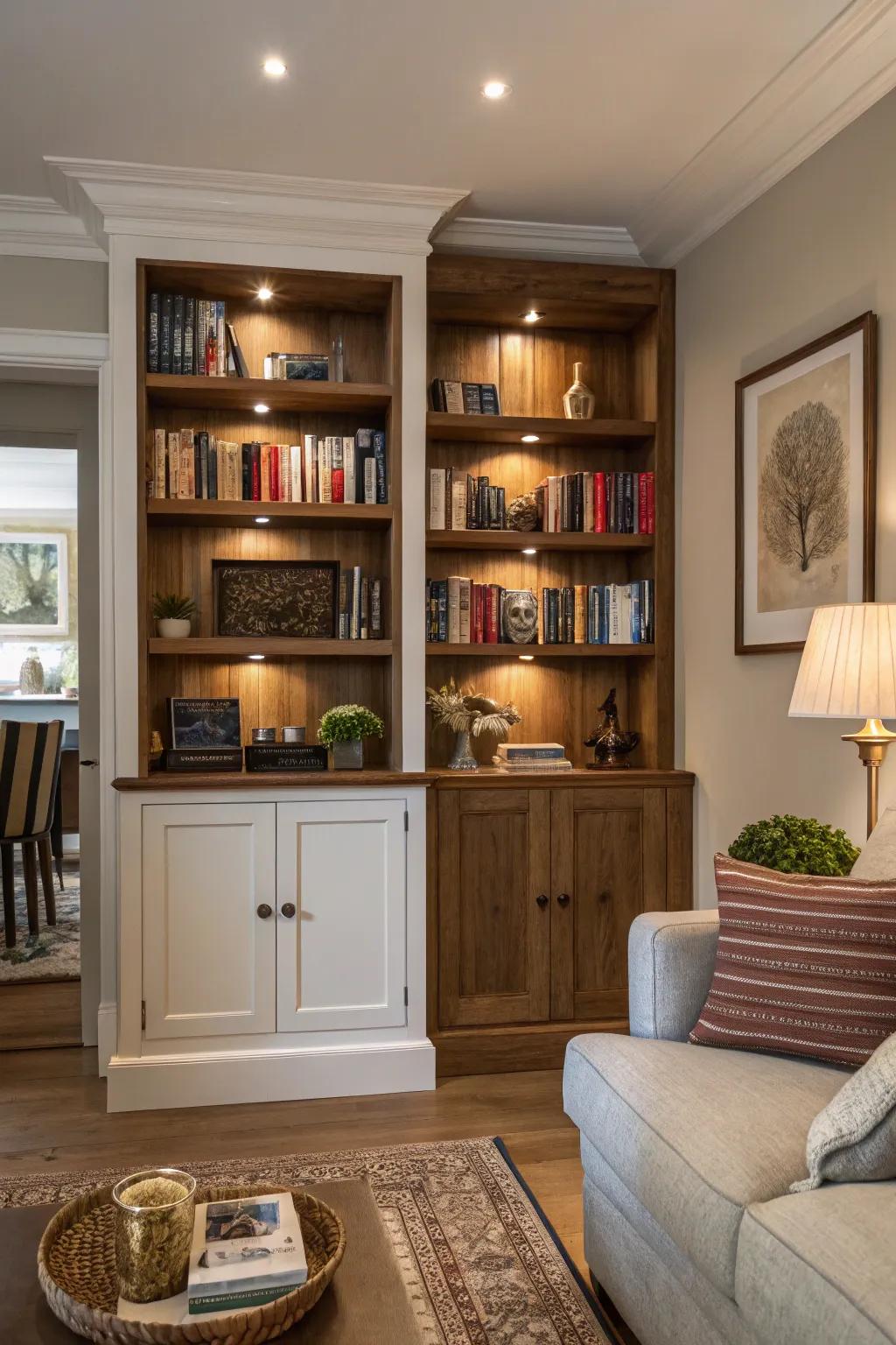 A bookshelf with hidden compartments provides discreet storage solutions.