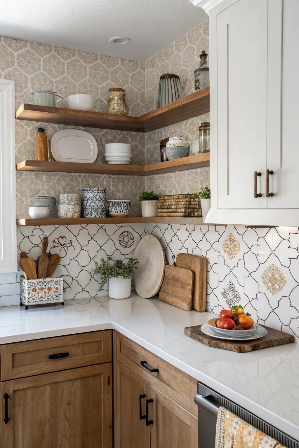 A personalized kitchen with open shelving that complements the arabesque tile backsplash.